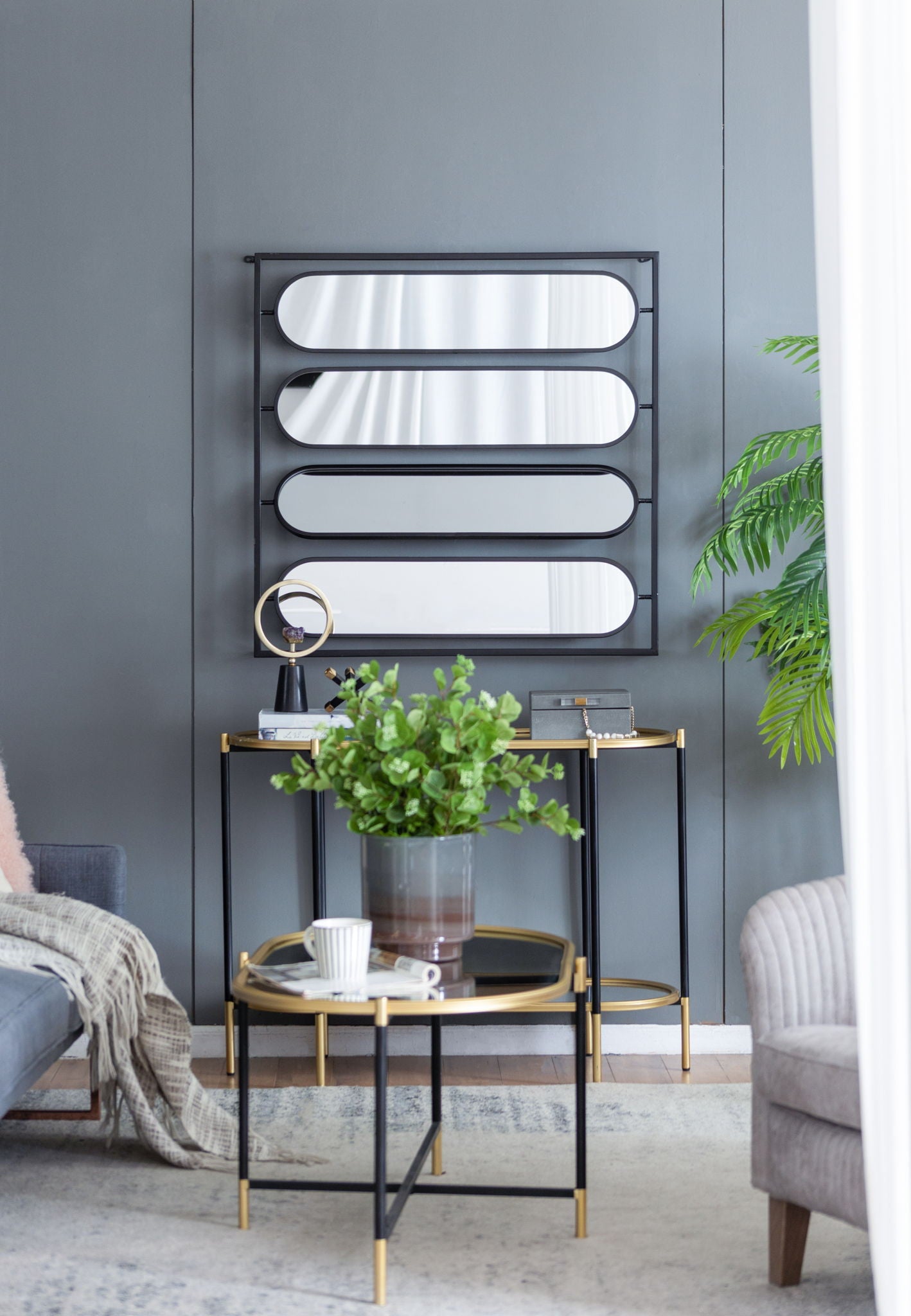 Large 4 Oval Wall Mirror With Square Frame, Home Decor For Living Room, Bedroom, Entryway, Office - Black