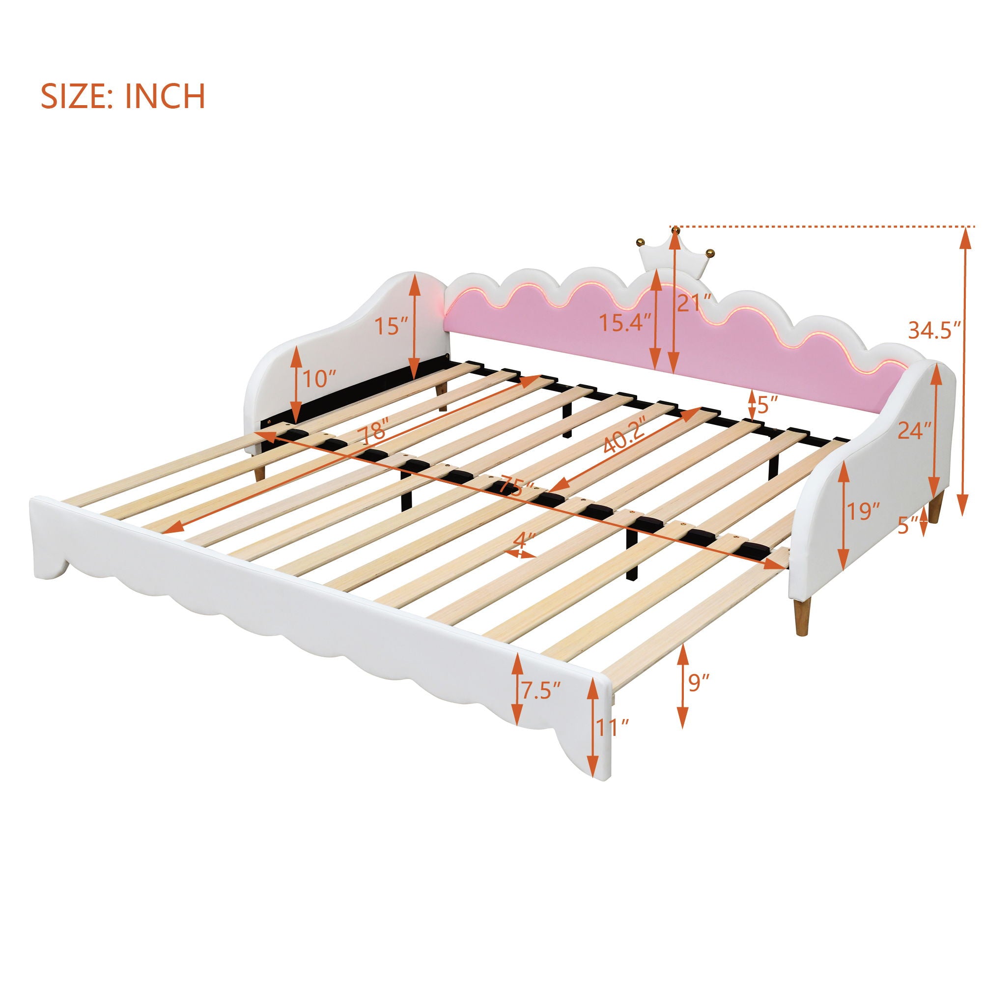 Extending Daybed With LED Lights, Modern Upholstered Princess Daybed With Crown Headboard