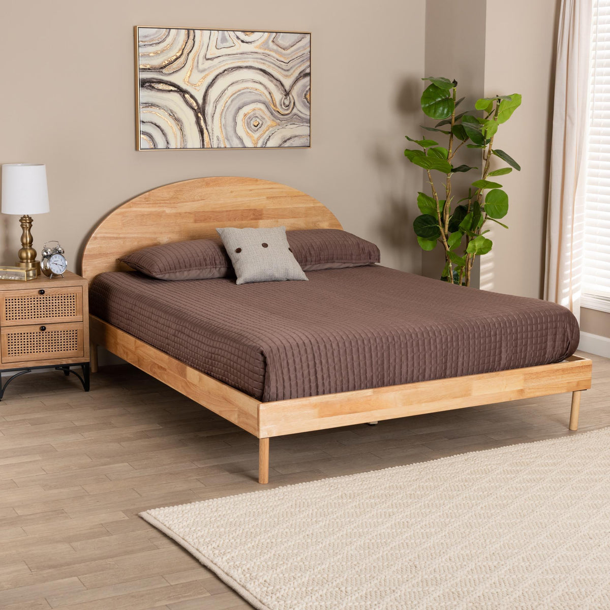 Denton Japandi Natural Brown Finished Wood Queen Size Platform Bed