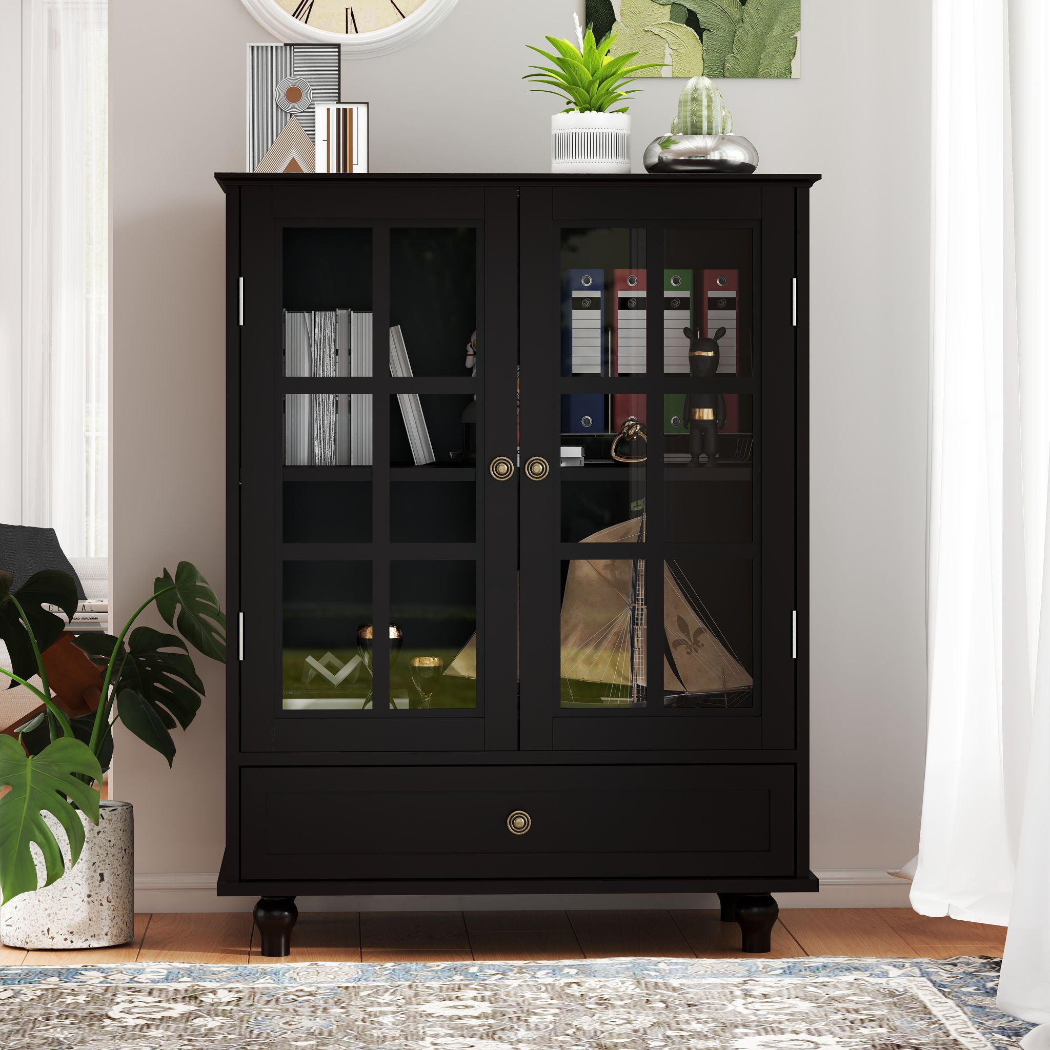 Minimalist Buffet Cabinet With Double Glass Doors And Drawer