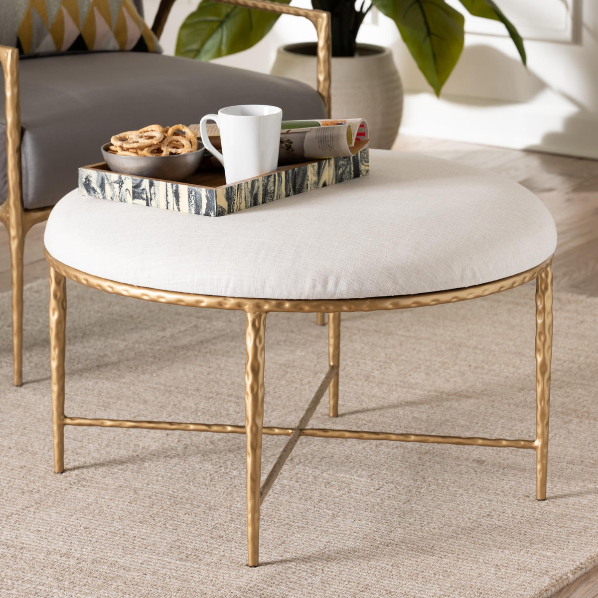 Fumiye Cocktail Ottoman - Modern Rustic Accent Stool with Hand-Forged Metal Frame and Upholstered Seat for Living Room or Sitting Room, Round 30"