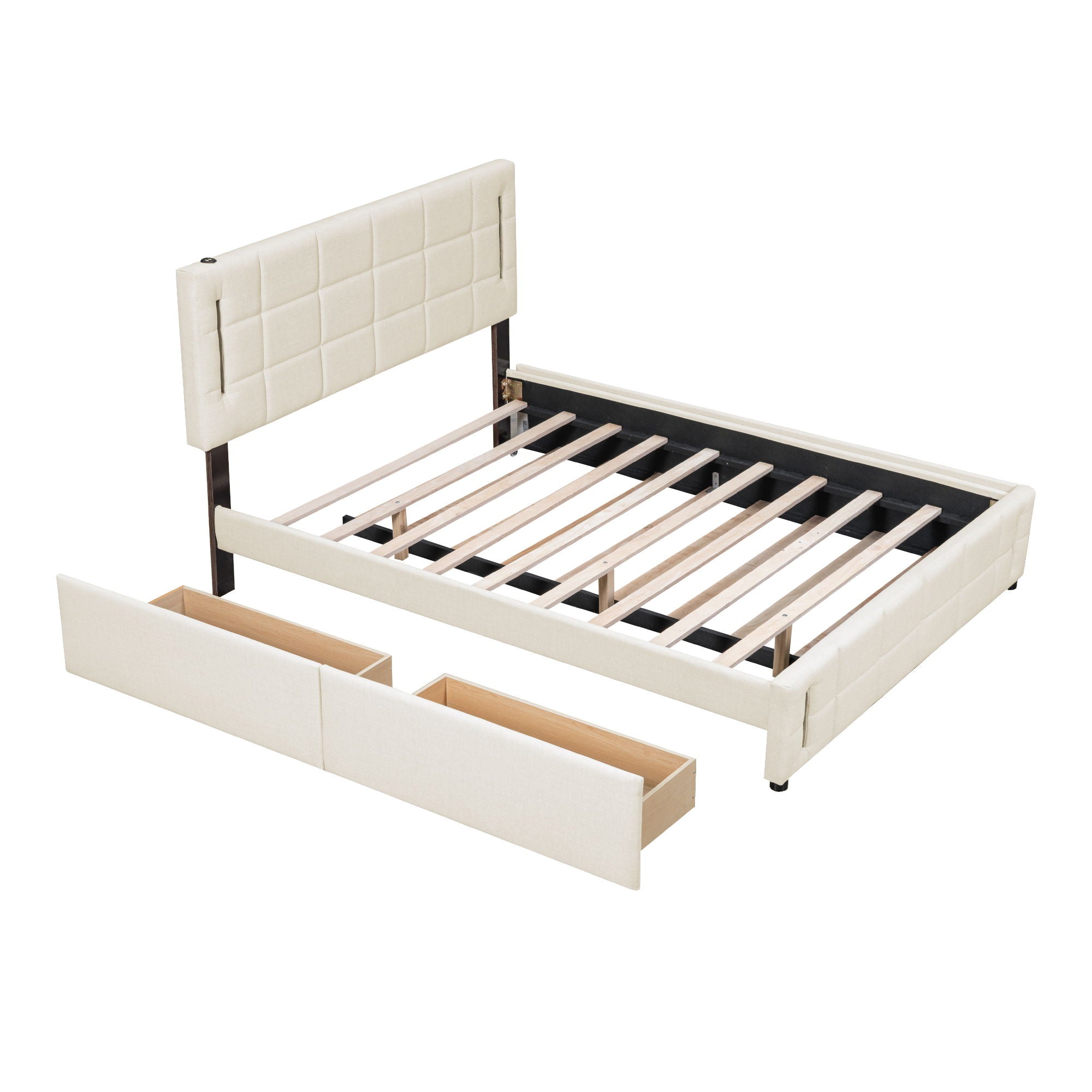 Upholstered Platform Bed With Trundle & Drawers