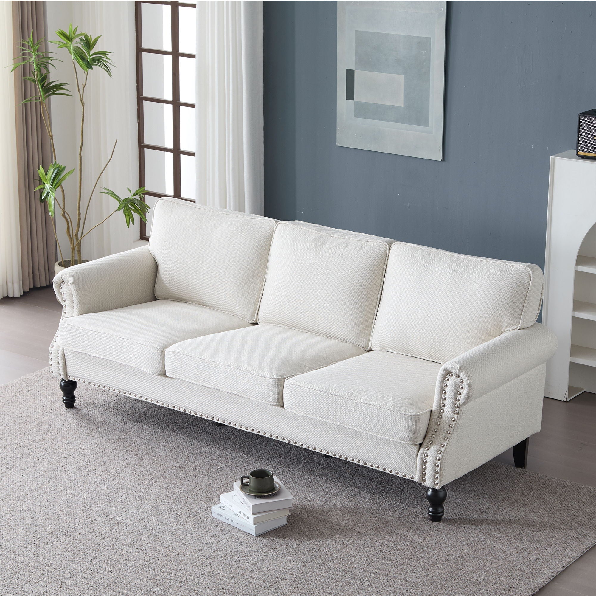 Rolled Arm Sofa With Nailhead Trim With Wooden Legs