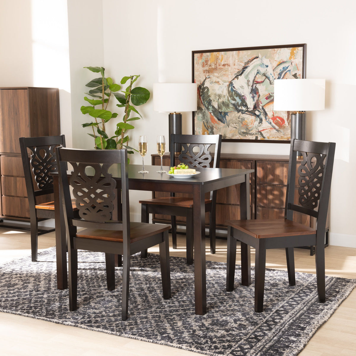 Luisa Modern and Contemporary Two-Tone Dark Brown and Walnut Brown Finished Wood 5-Piece Dining Set