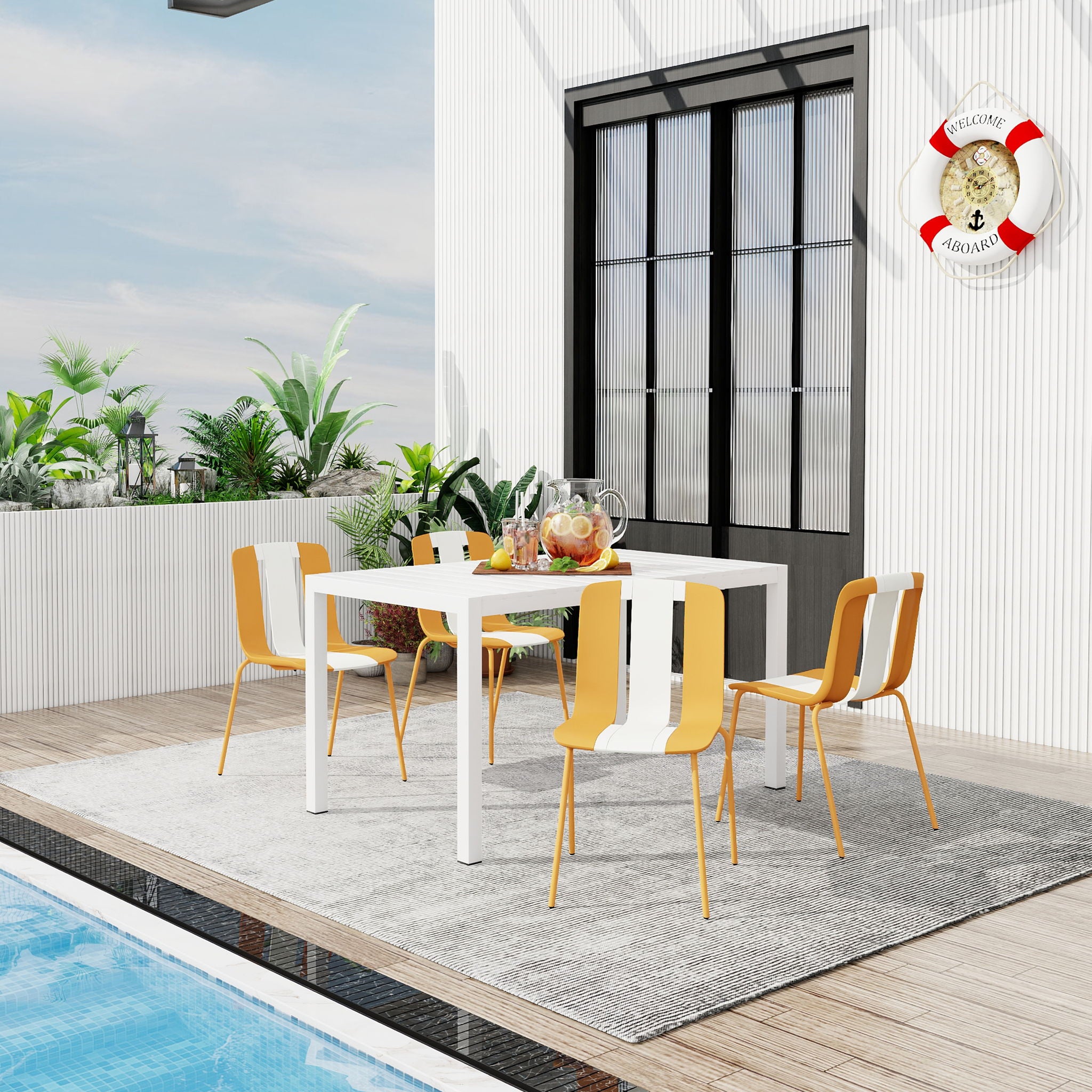 4 Piece Set Of Modern Striped Color- Blocking Single Chairs With Long Table