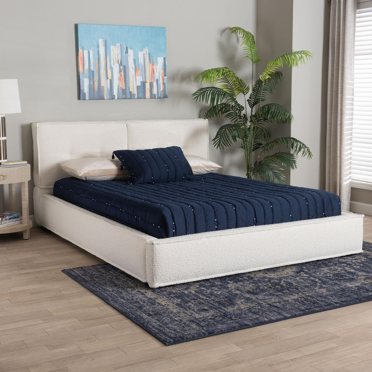 Laverick Modern Cream Boucle Queen Platform Bed with Border Piping