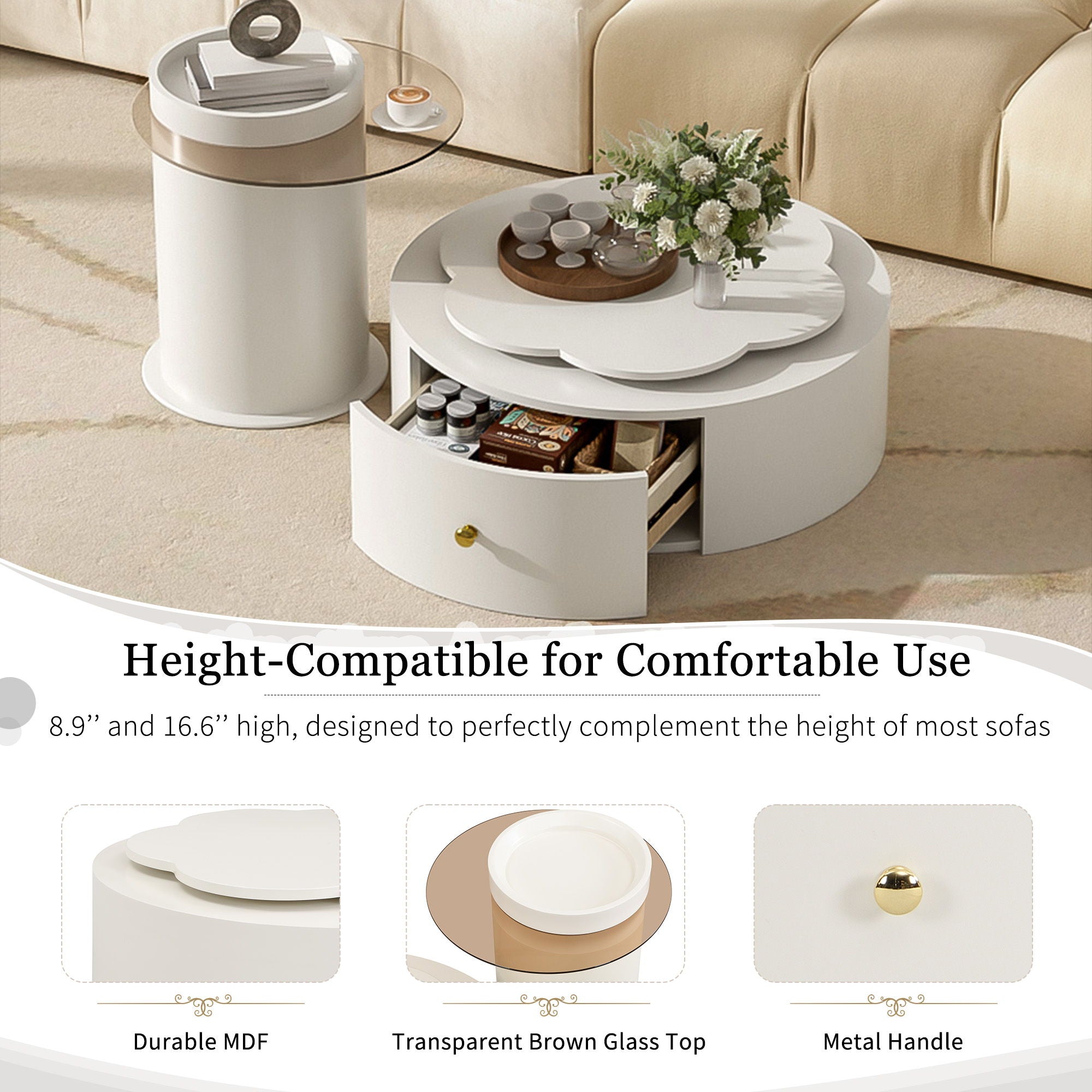 Modern Round Coffee Table (Set of 2), 360 Degree Rotatable Flower Shaped Top With 2 Drawers, Top Circle Side Table End Table With Glass For Living Room - Off White