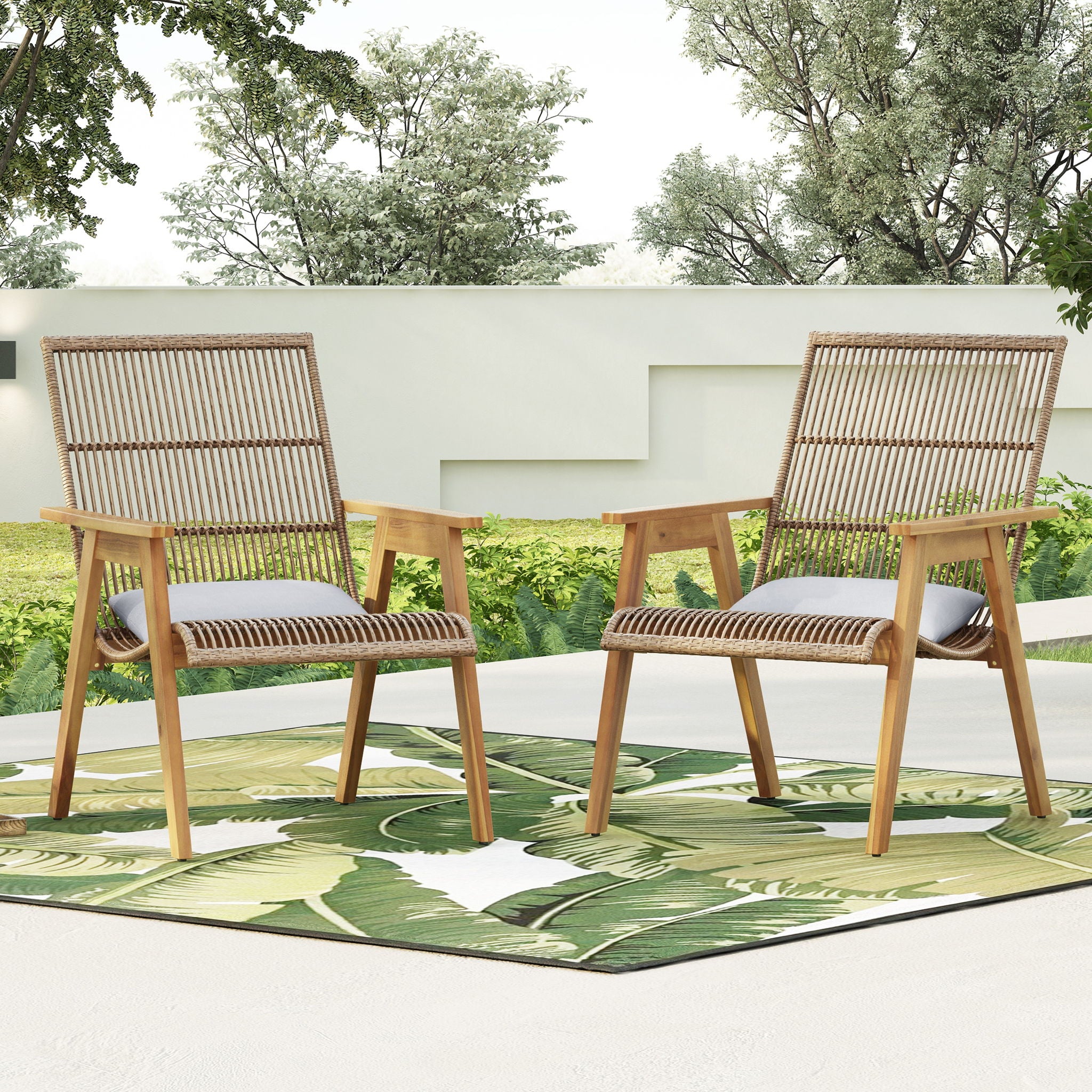 Acacia Wood Cape Woven Wicker Large Lounge Chair With Pillow For Patio, Deck, Yard, Lawn And Garden Seating Wicker (Set of 2) - Teak