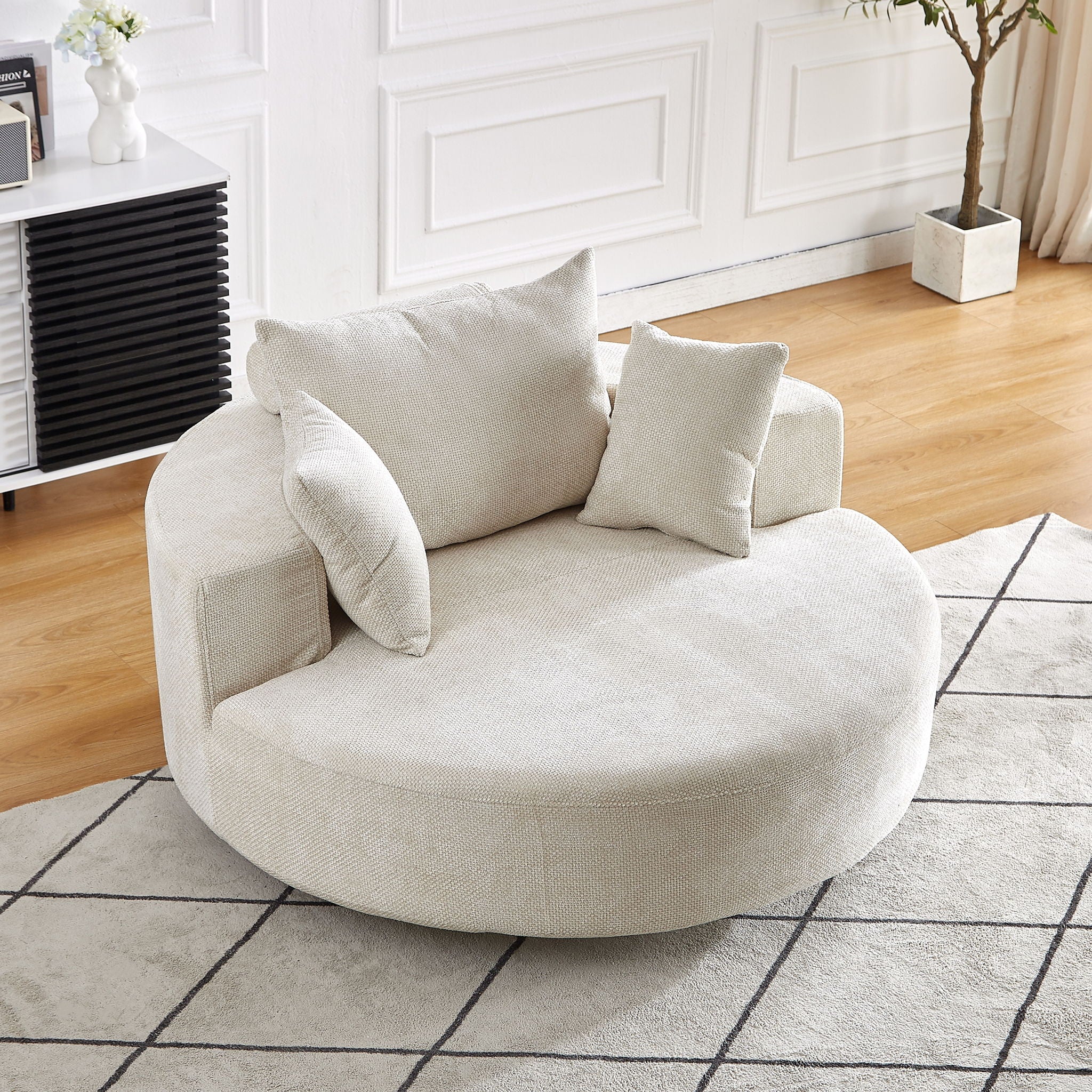Single Swivel Chair, Fluffy Modern Sleeper, 360 Degree Swivel Chair For Living Room - Beige