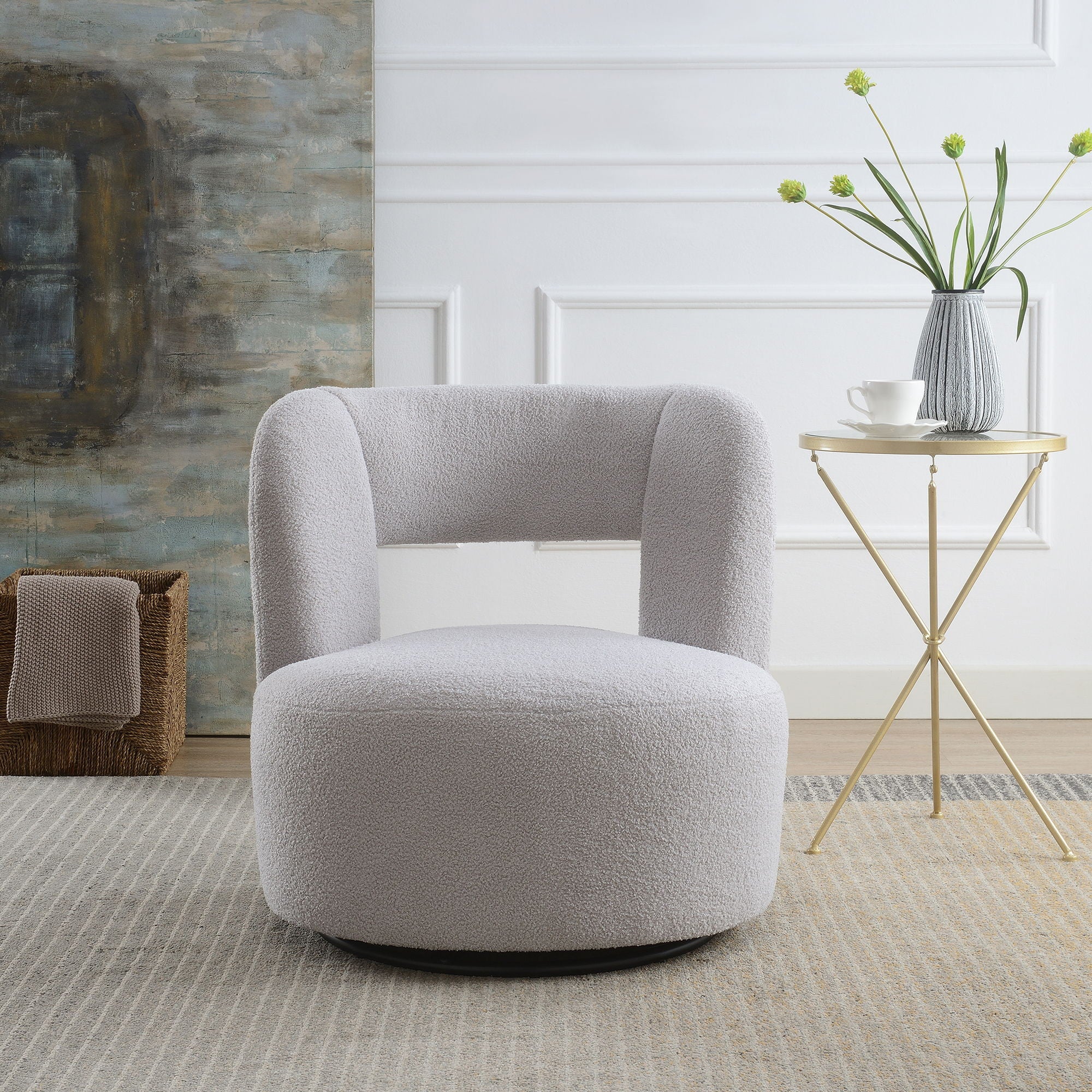 Swivel Comfy Round Barrel Chair With Soft Teddy Fabric For Living Room