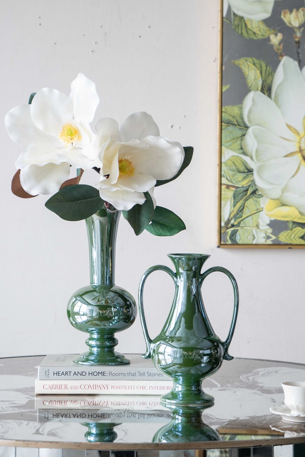 Round Dining Table With Elegant Floral Design And Mirrored - Silver Multi