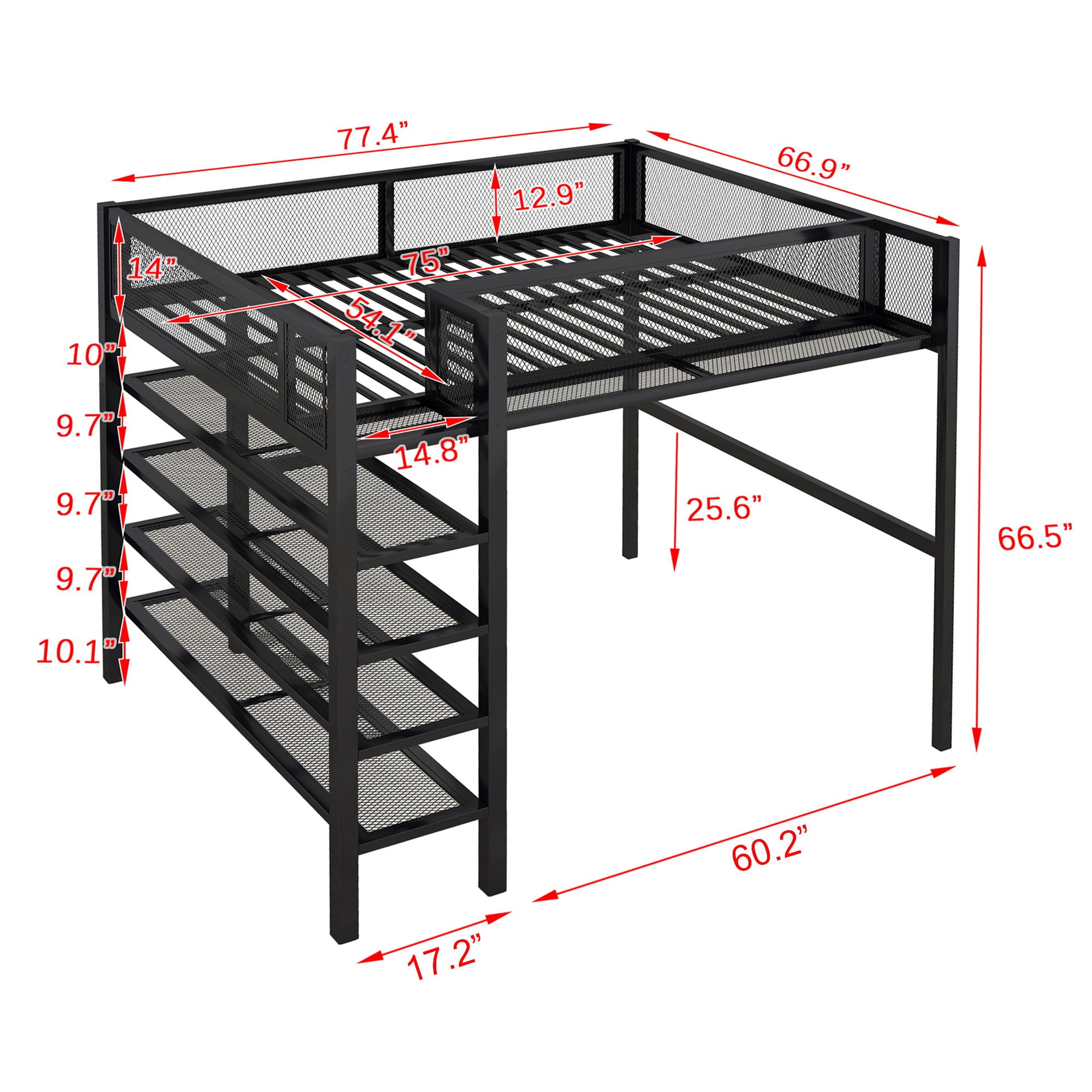 Loft Bed With 4 Tier Shelves And Storage