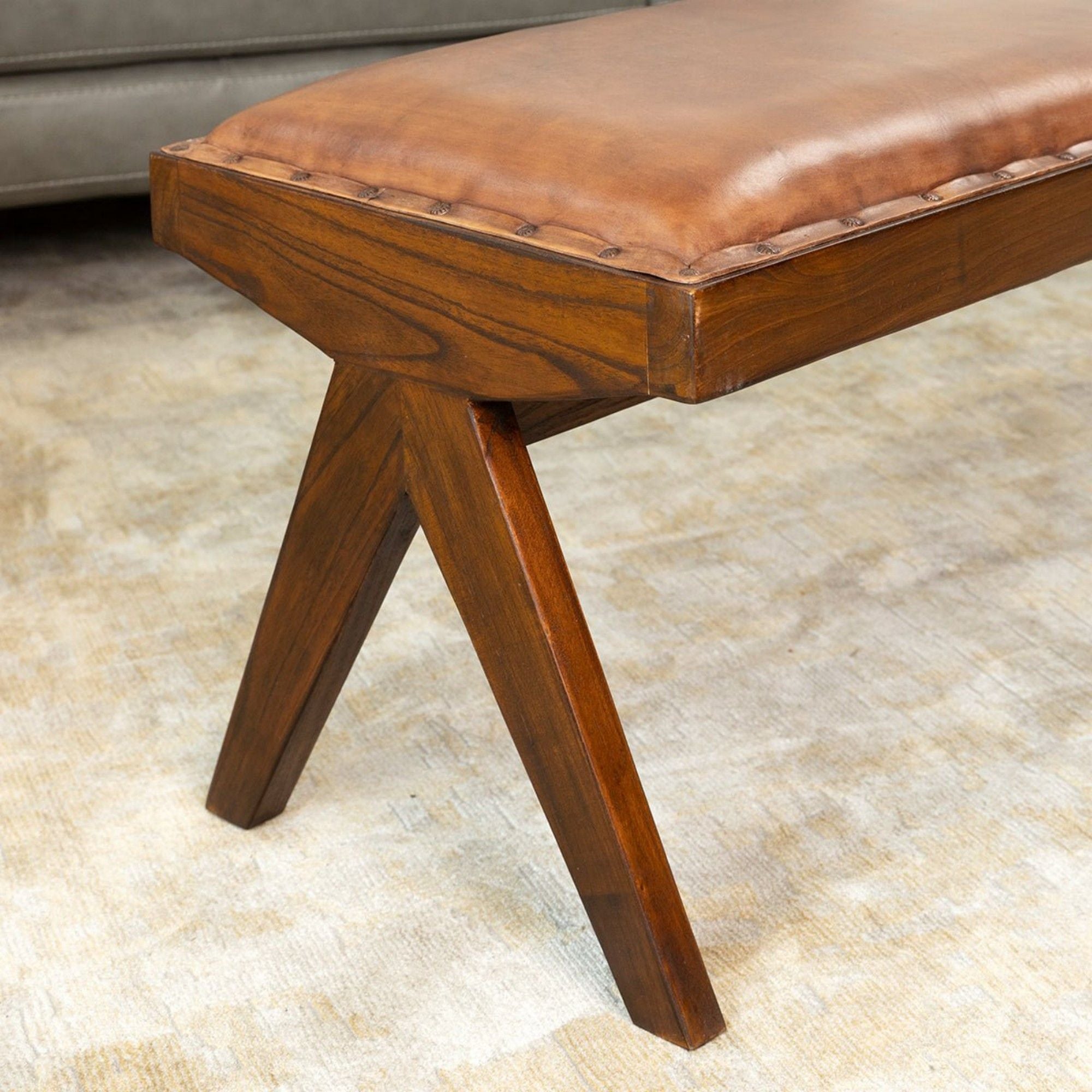 Chad - Mid-Century Modern Leather Bench - Brown / Tan