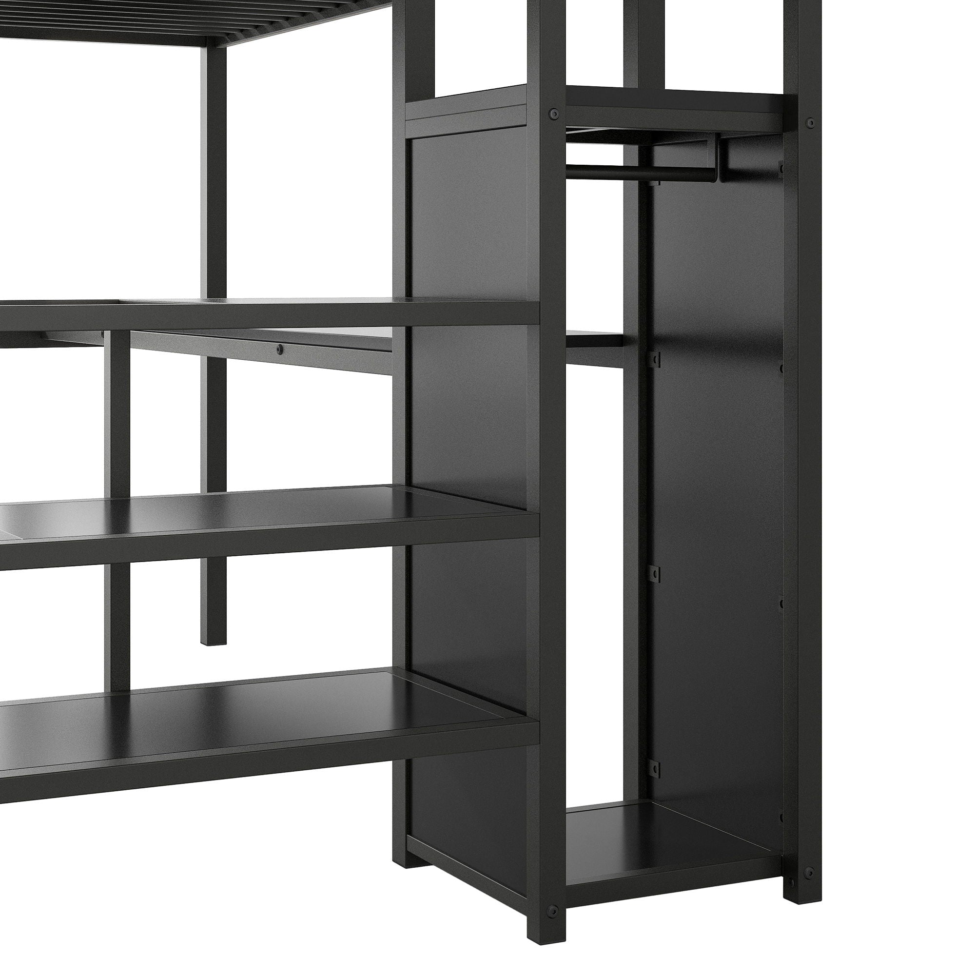 Full Size Loft Bed With Desk, Storage Staircase, Small Wardrobe And LED Light - Black