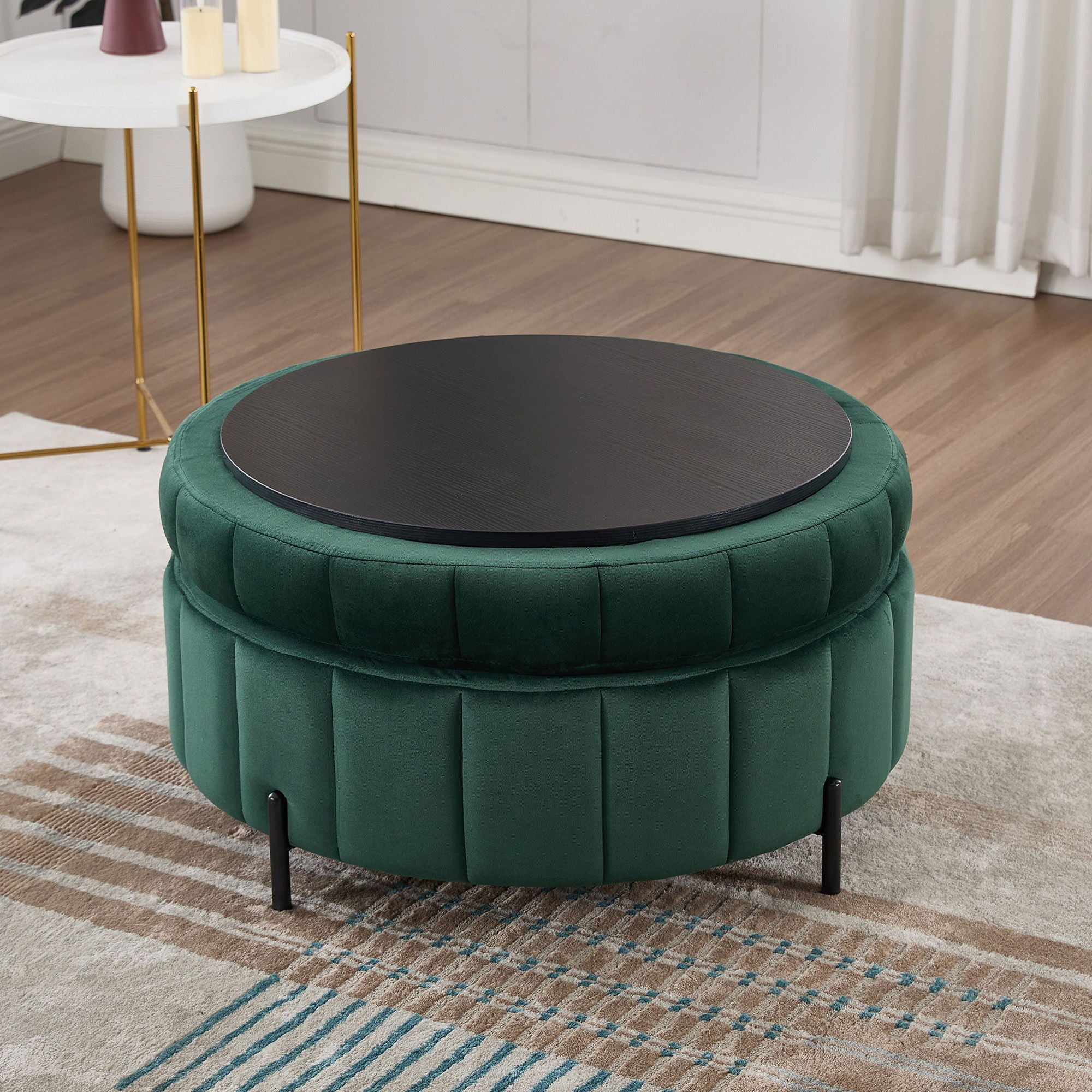 Upholstered Round Ottoman With Reversible Lid, Channel Tufted Pumpkin Shape