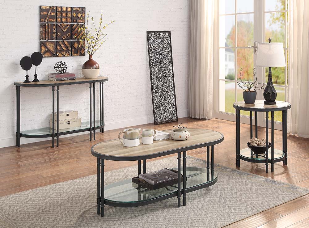 ACME Brantley - Coffee Table - Oak & Sandy Black Finish - Metal - 18" | Meri Furniture