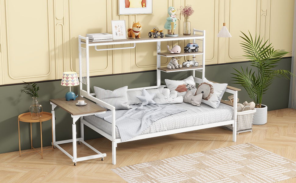 Daybed With Movable Desk, Grid, Shelves And Clothes Hanger