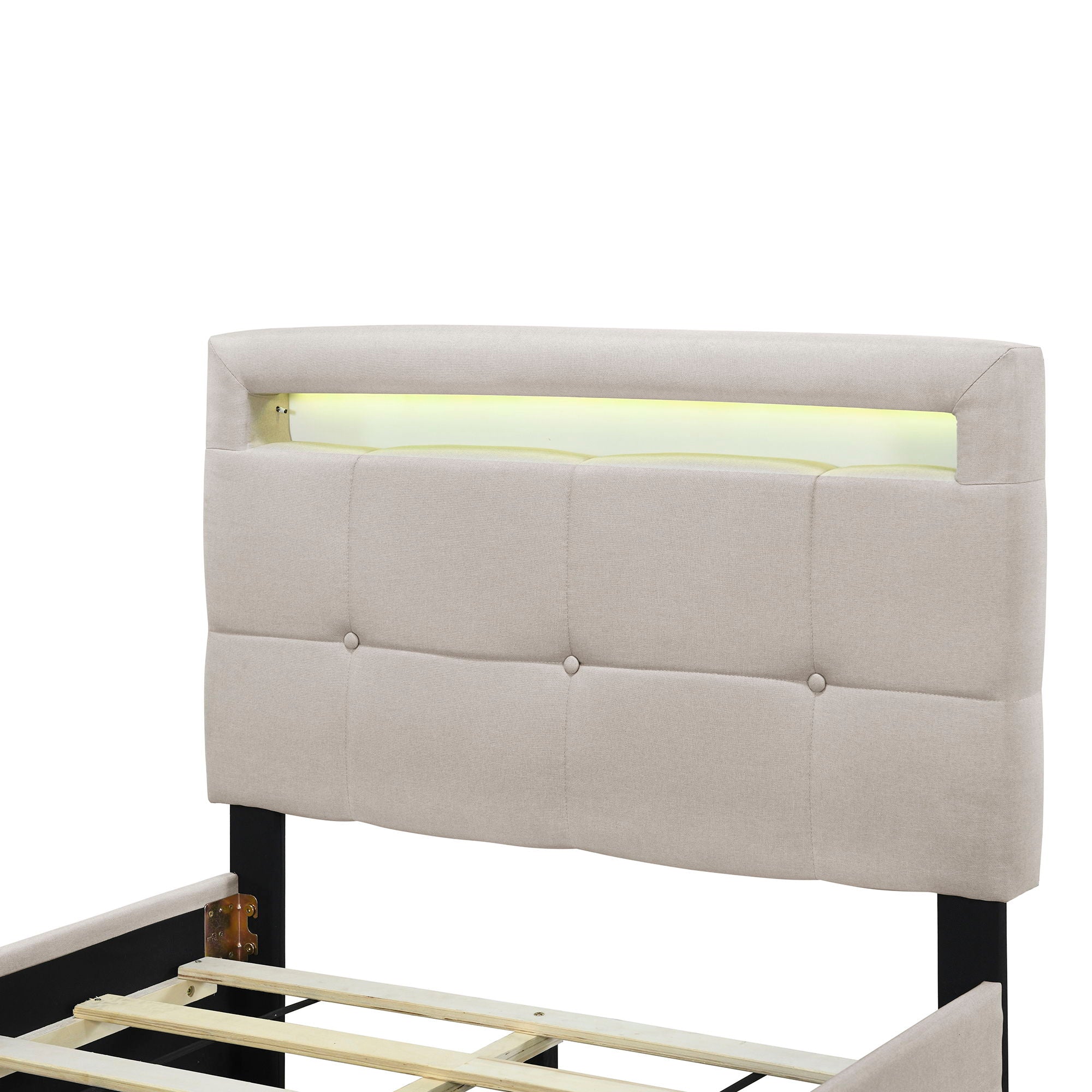 Upholstered Platform Bed With LED Frame, With Trundle And 2 Drawers