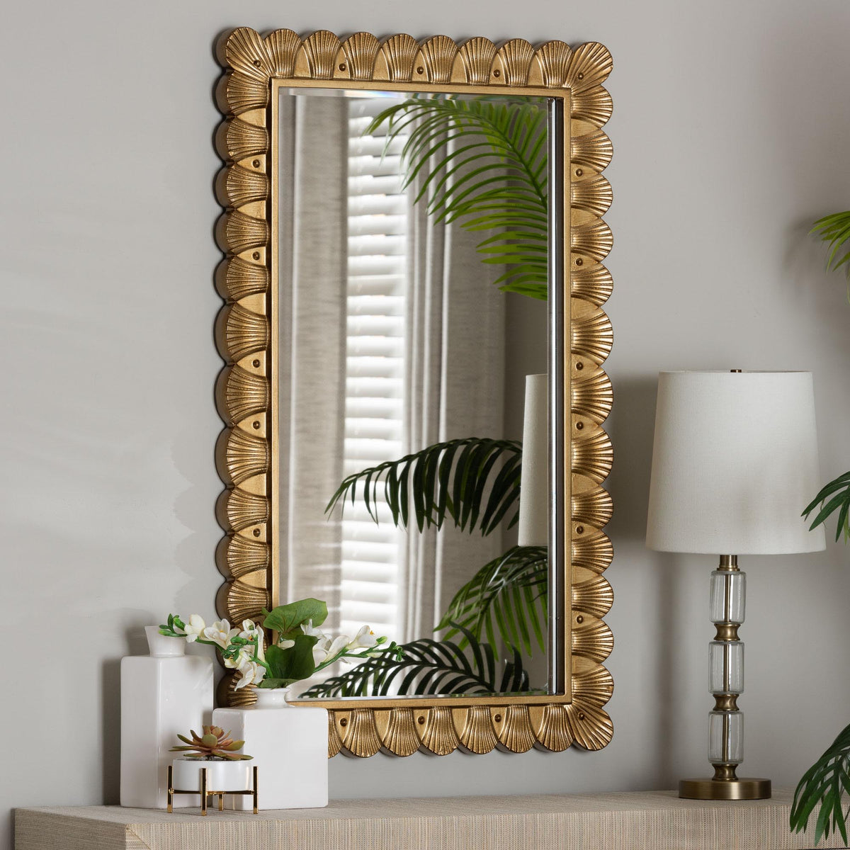 Vadim Antique Gold Wood Accent Mirror with Seashell Border
