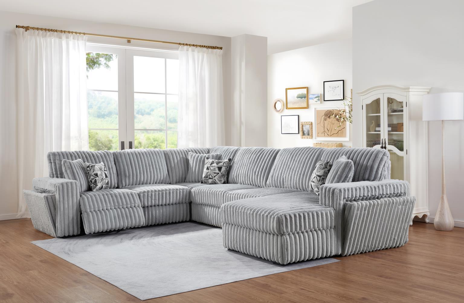 U260 - Corduroy Power Reclining 4 Piece Sectional With 2 Wireless Charger - Gray