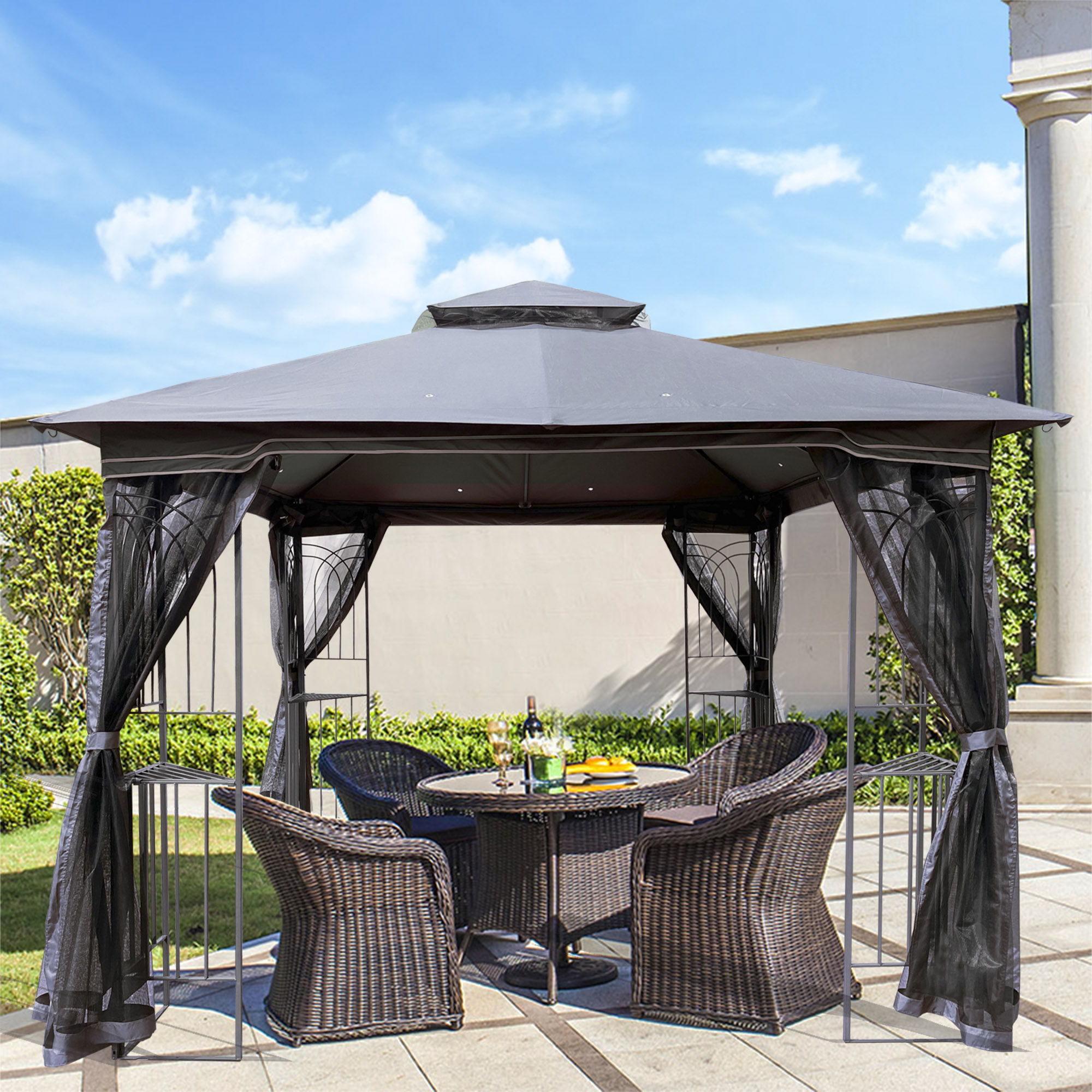 Patio Gazebo Tent With Ventilated Double Roof And Mosquito Net