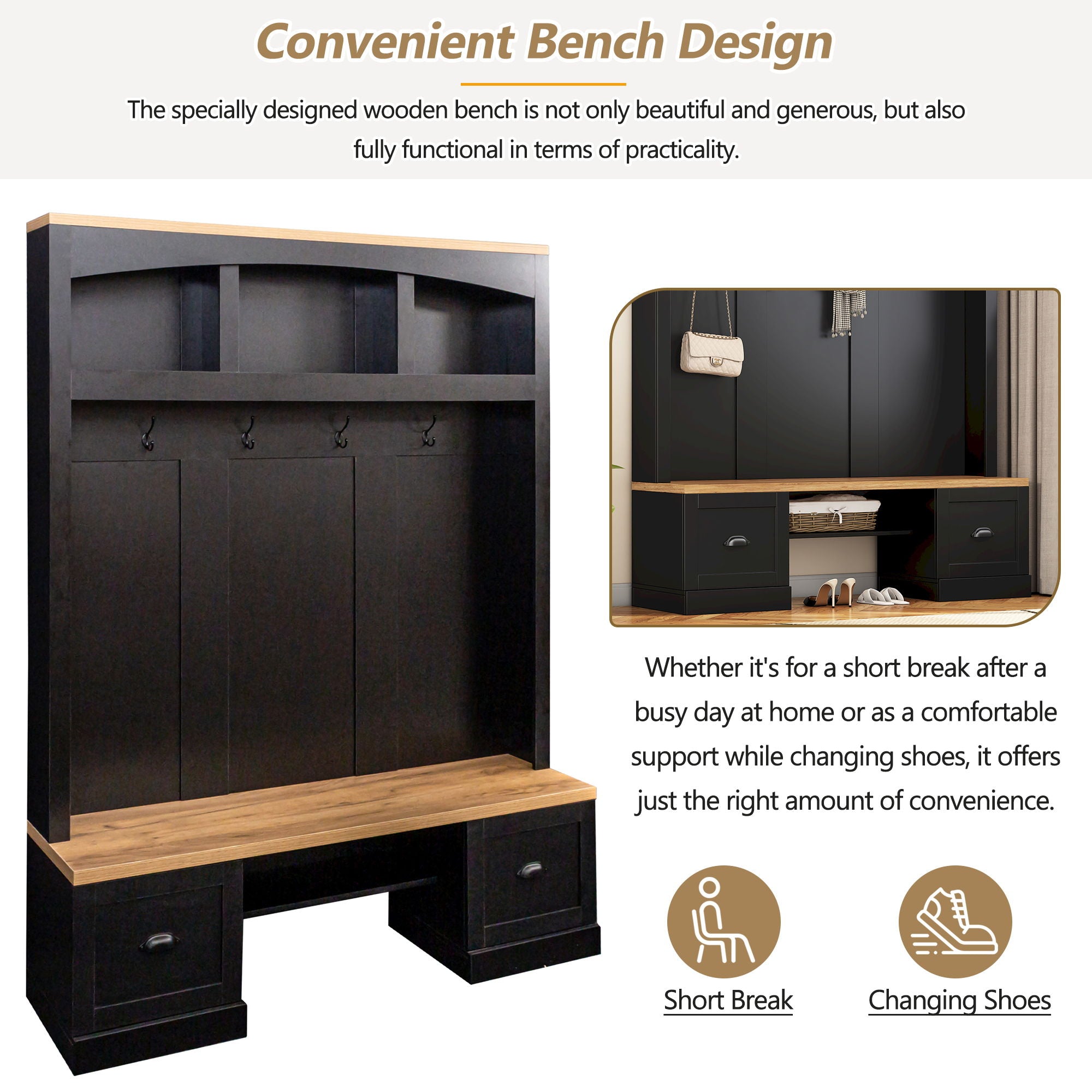 Farmhouse 4 In 1 Hall Tree With Wood Grain Bench And Top