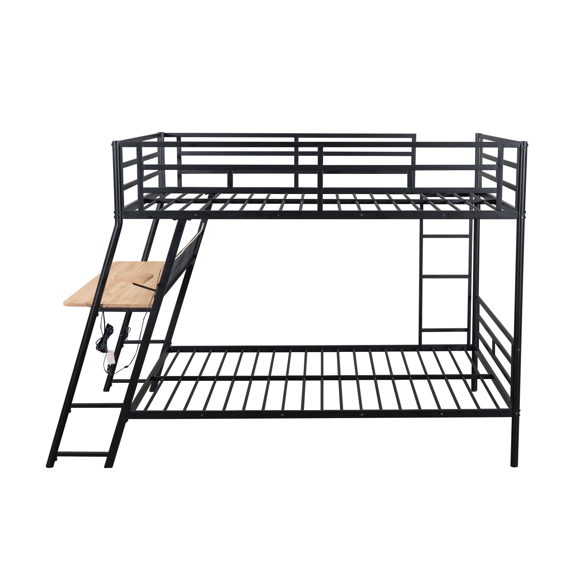 Full Size Bunk Bed With Built In Desk, Light, And 2 Drawers - Black
