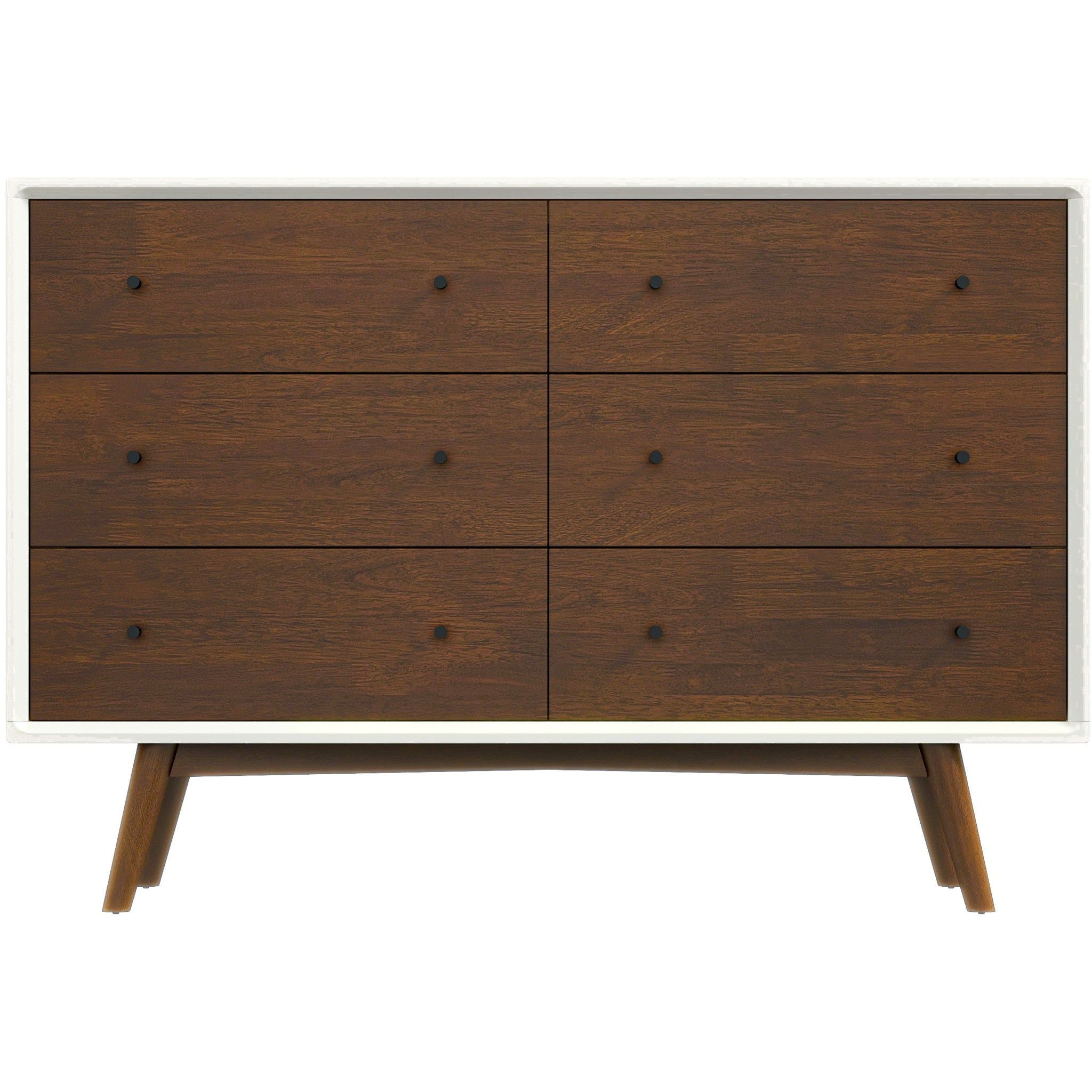 Mid-Century Modern White Dresser 6 Drawer - Dark Brown / White
