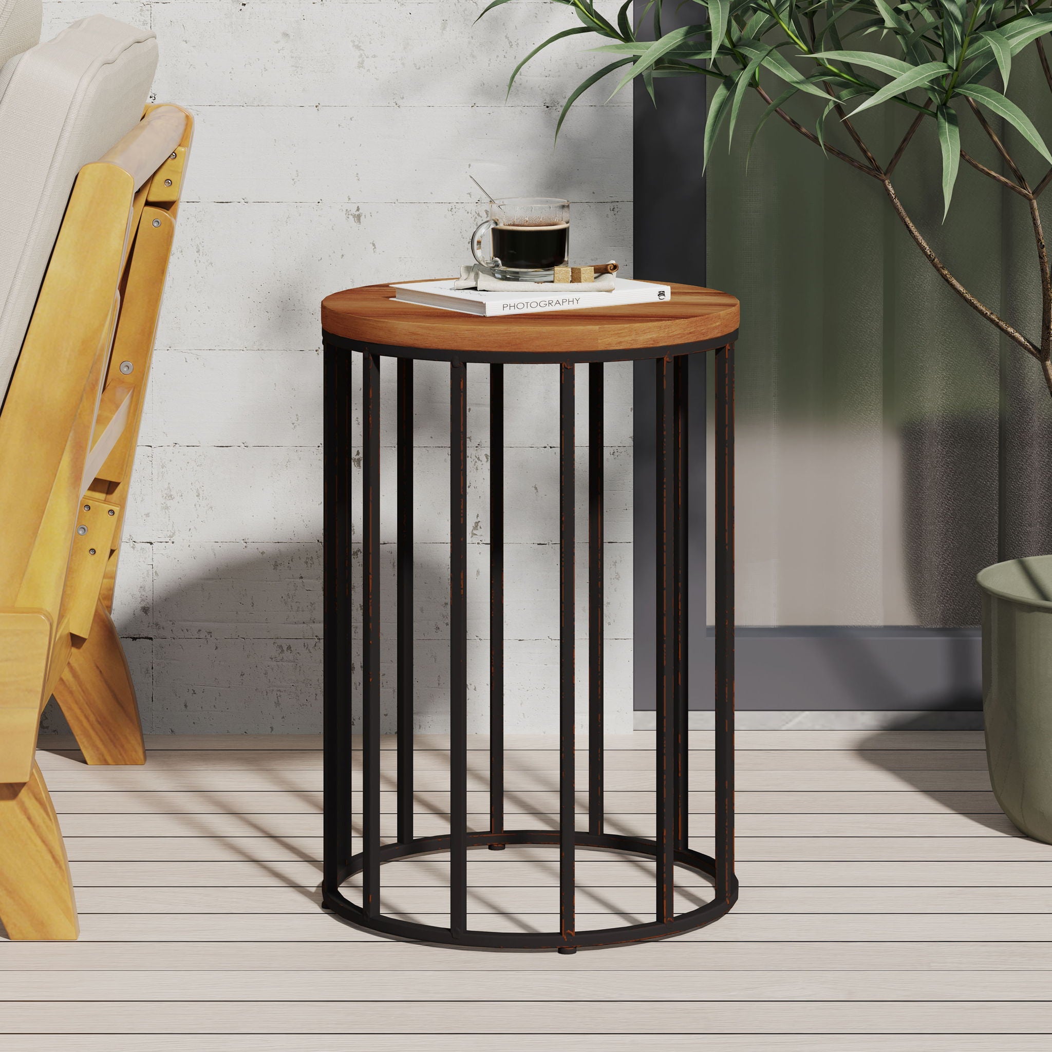 Outdoor Cylindrical Side Table With Round Solid Wood Top And Metal Frame - Natural