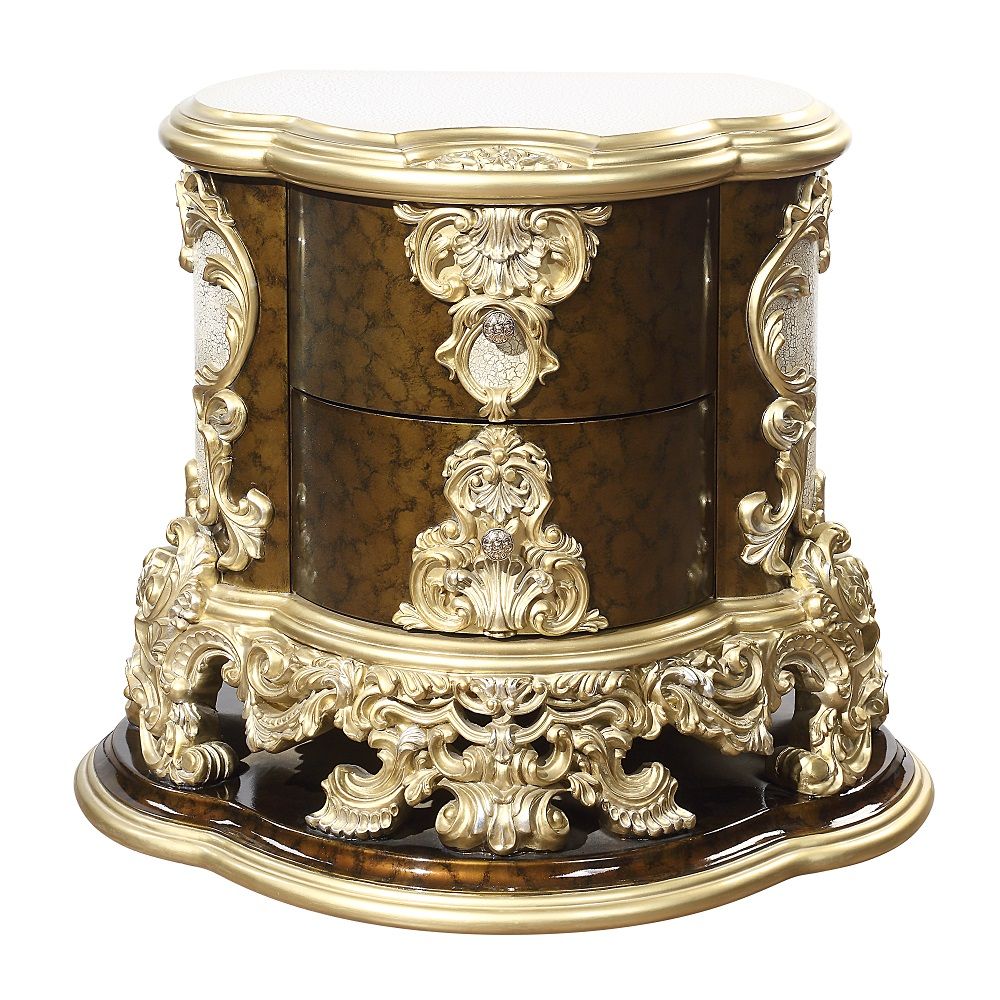 ACME Desiderius - Nightstand - Antique Gold & Hand Painted Brown | Meri Furniture