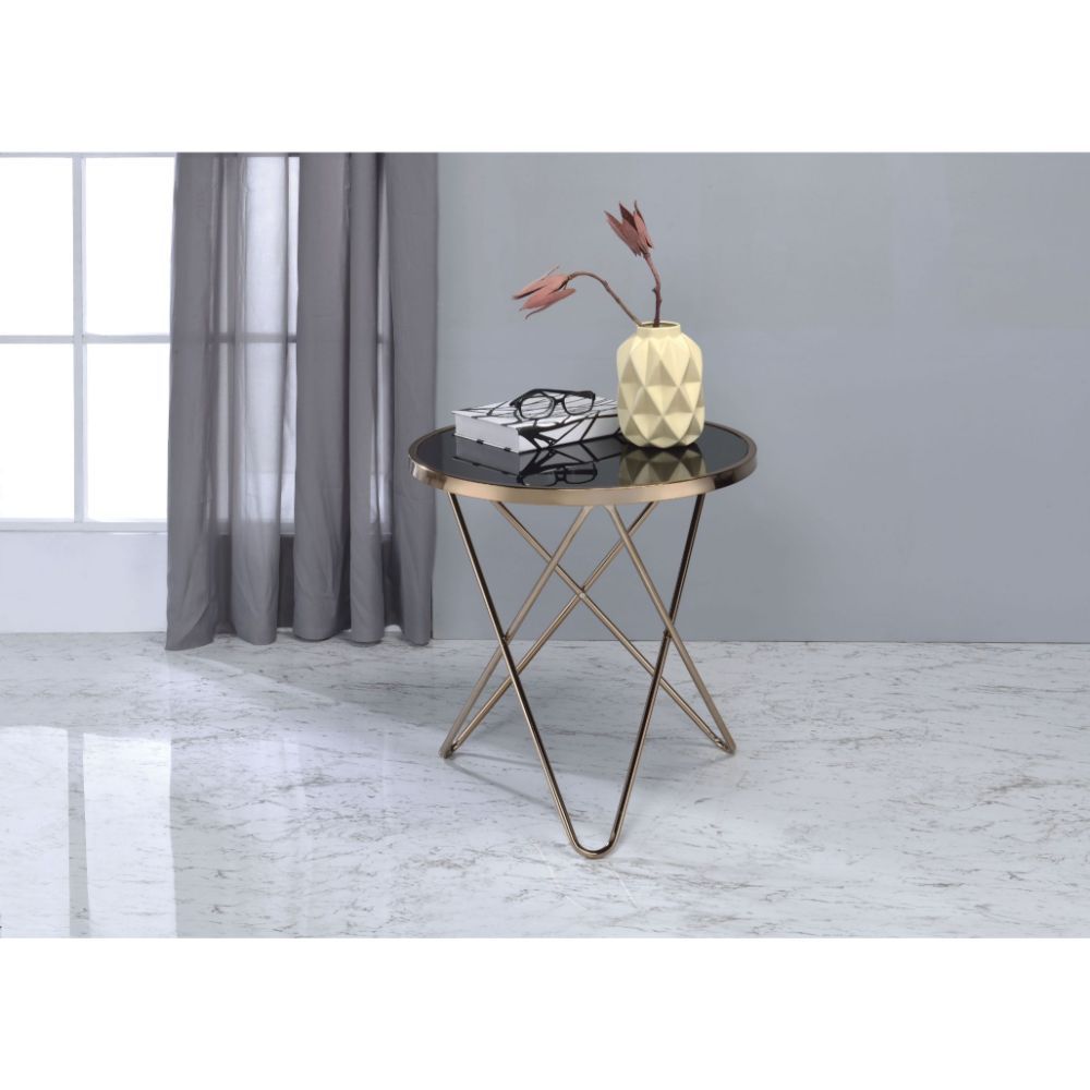 ACME Update your living room with a functional art piece. The Valora end table uses a mid-century inspired base and supports a framed frosted glass top. The collection works well as an eclectic feel. | Meri Furniture