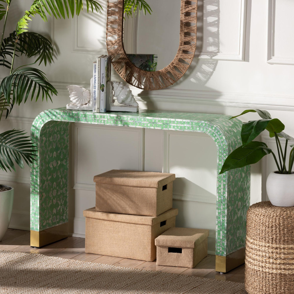 Didrika Modern Bohemian Seafoam Green Mother of Pearl Console Table