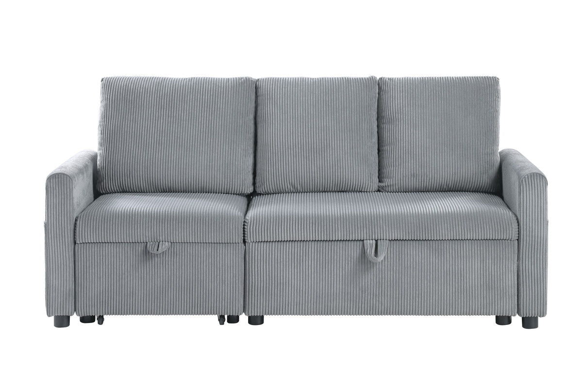 Oswin 70"W Gray Corduroy Sofa with Pull-Out Chaise, Underseat Storage, Side Pocket