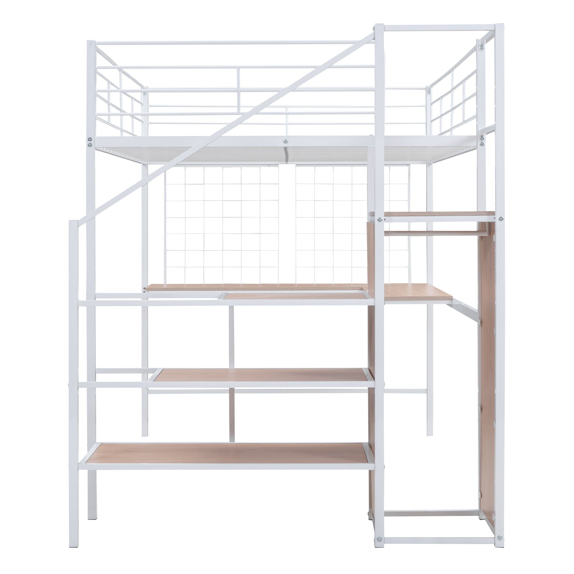 Loft Bed With Desk And Grid, Stylish Frame With Lateral Storage Ladder And Wardrobe