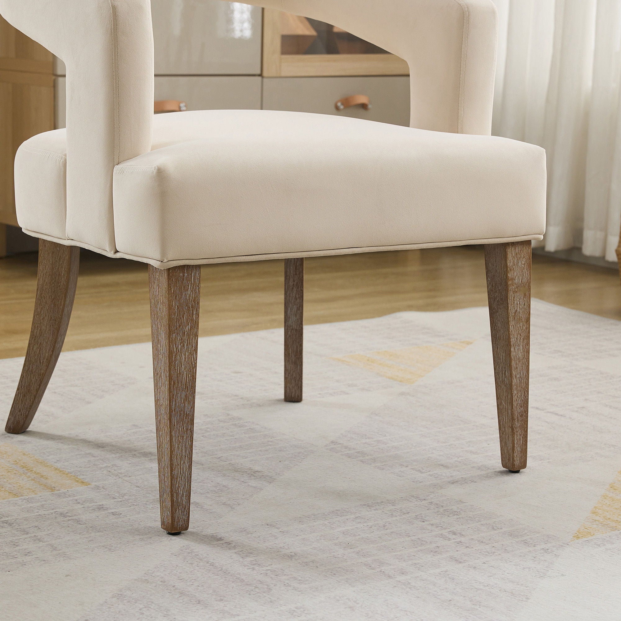 Wide Modern Barrel Open Back Upholstered Accent Chair With Weathered Solid Wood Legs