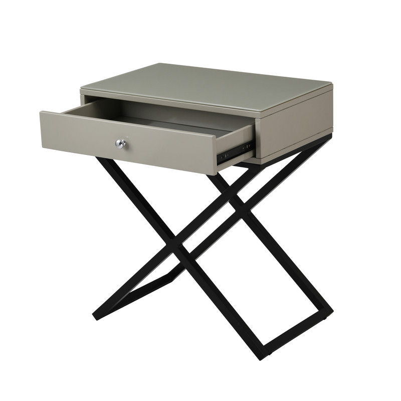 Koda 23"W Taupe Wooden End Side Table Nightstand with Glass Top, Drawer and Metal Cross Base