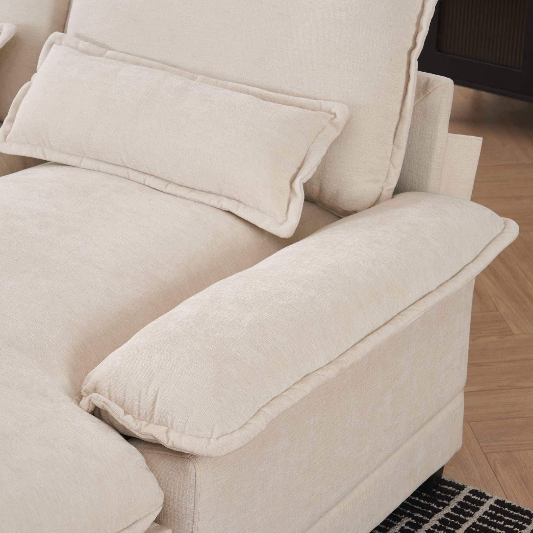 U Shaped Sofa With Console, Cupholders, USB Ports, 6 Seat, Bronzing Suede & Chenille