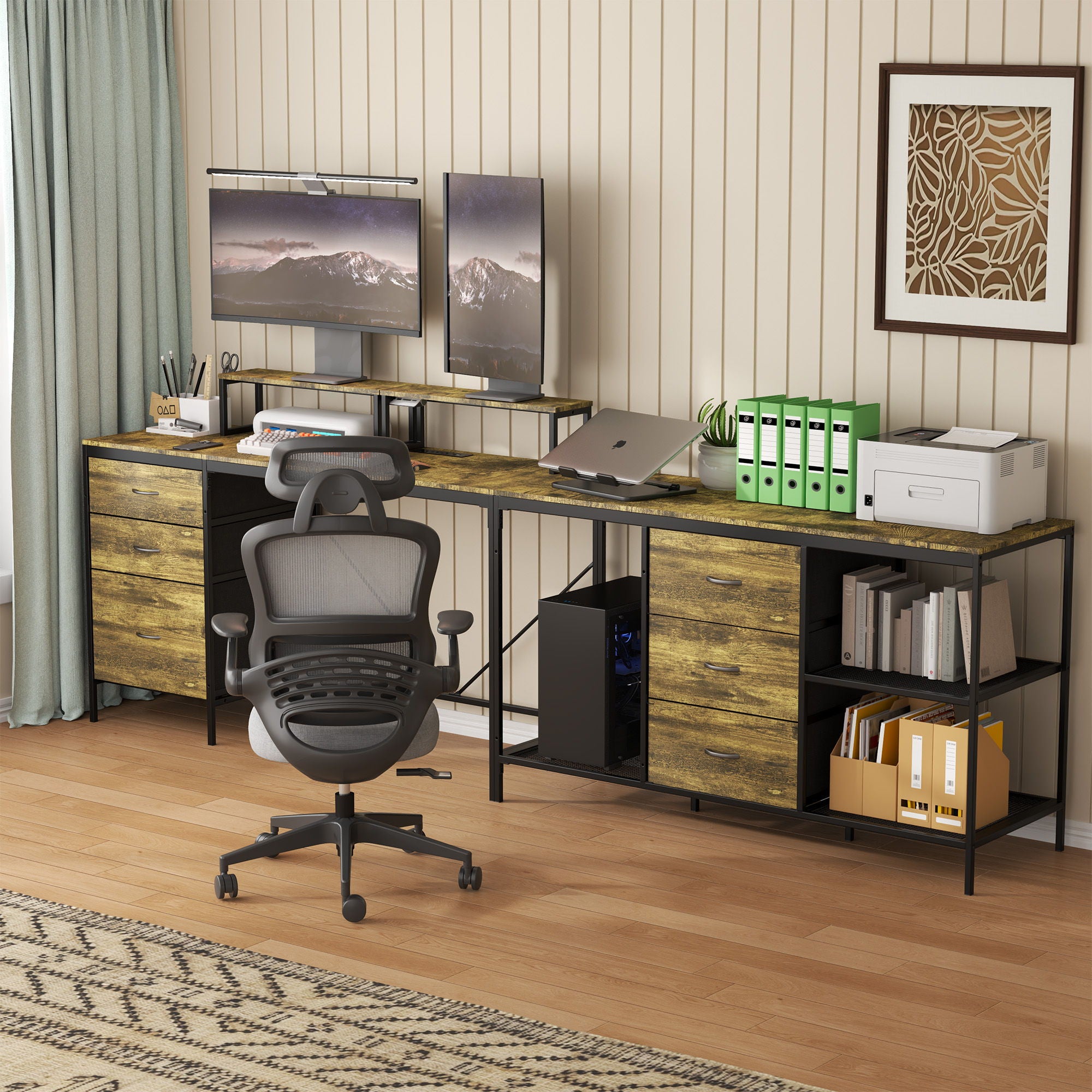 Industrial L Shaped Computer Desk With Power Outlets & USB-C, 6 Fabric Drawers, 3 Open Shelves, Movable Monitor Stands - Brown
