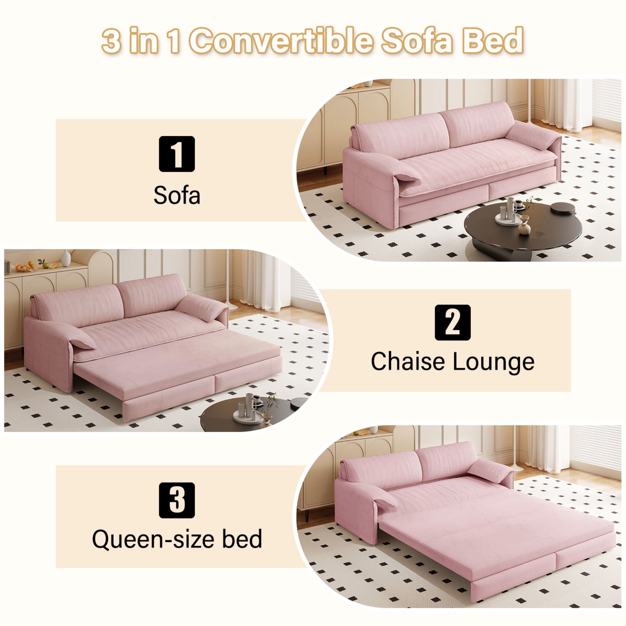 Pull Out 3 In 1 Convertible Sleeper Sofa With Side Storage, Multi Functional