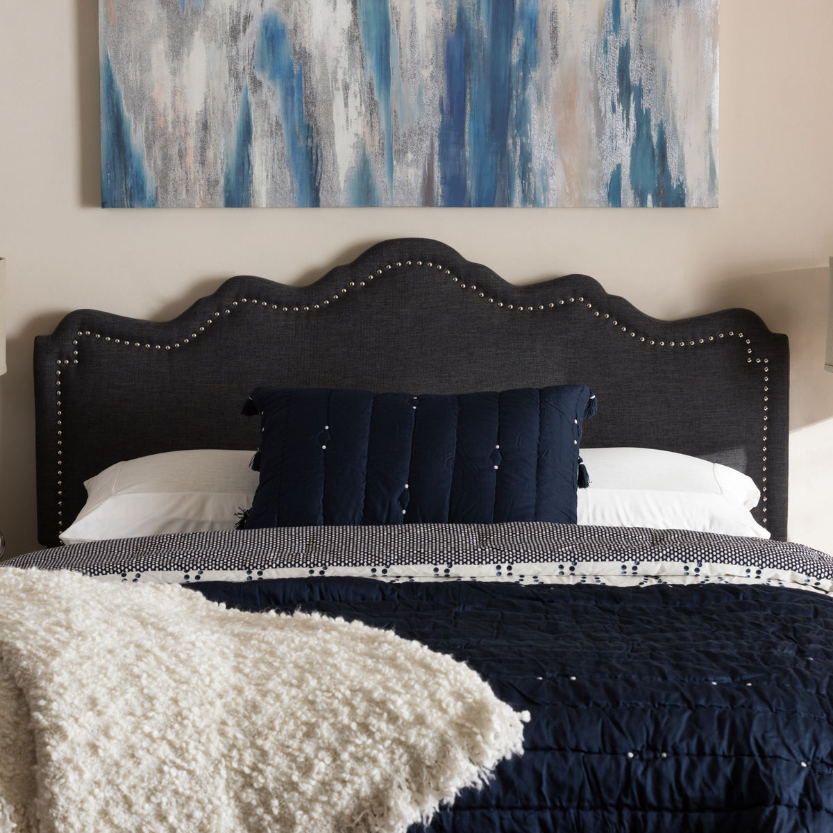 Nadeen Modern and Contemporary Dark Grey Fabric King Size Headboard