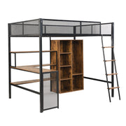 Full Size Loft Bed With Built In Desk, Wardrobe, And Shelves - Black