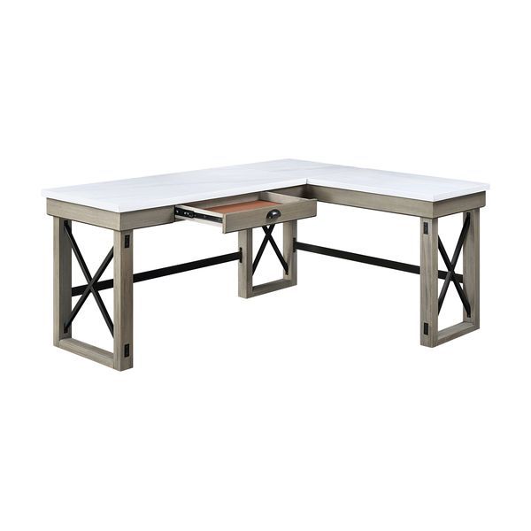 ACME Corner Writing Desk Orientation: "L" Shape Left Top Storage: 1 DrawerSlatted BaseMarble TopFull Extension Drawer GlideSide Metal Drawer GlideFelt Lined Drawer | Meri Furniture