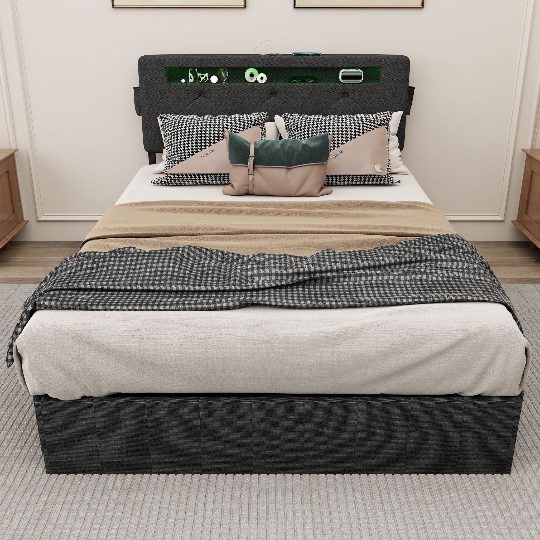 Bed With USB Charging Station, LED Lights, Headboard & Storage Drawers