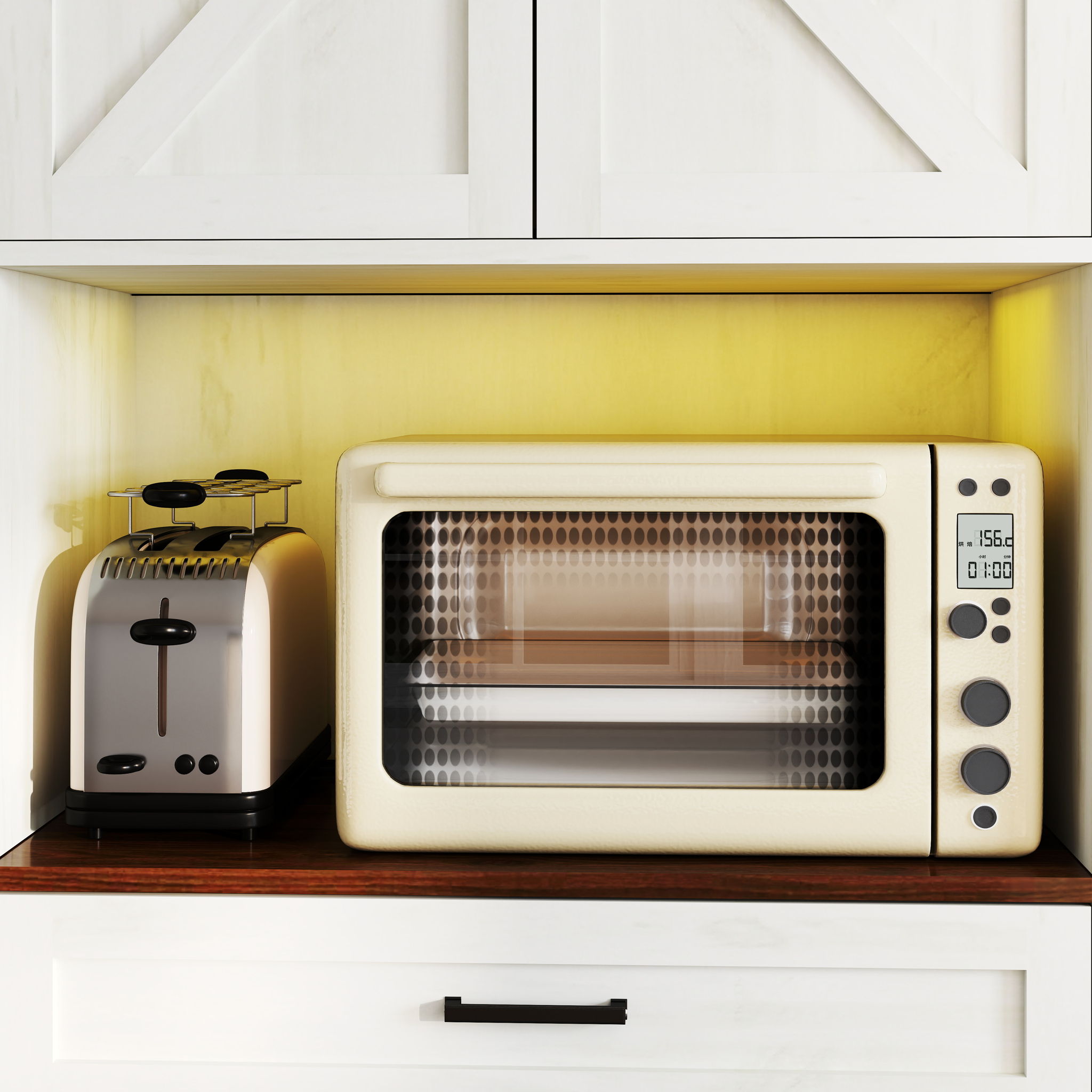 Farmhouse Kitchen Pantry Sideboard With Cabinet And Drawer, Multi Functional Kitchen Buffet With Hutch And Glass Holder, Microwave Stand With Charging Station - Brown / Antique White