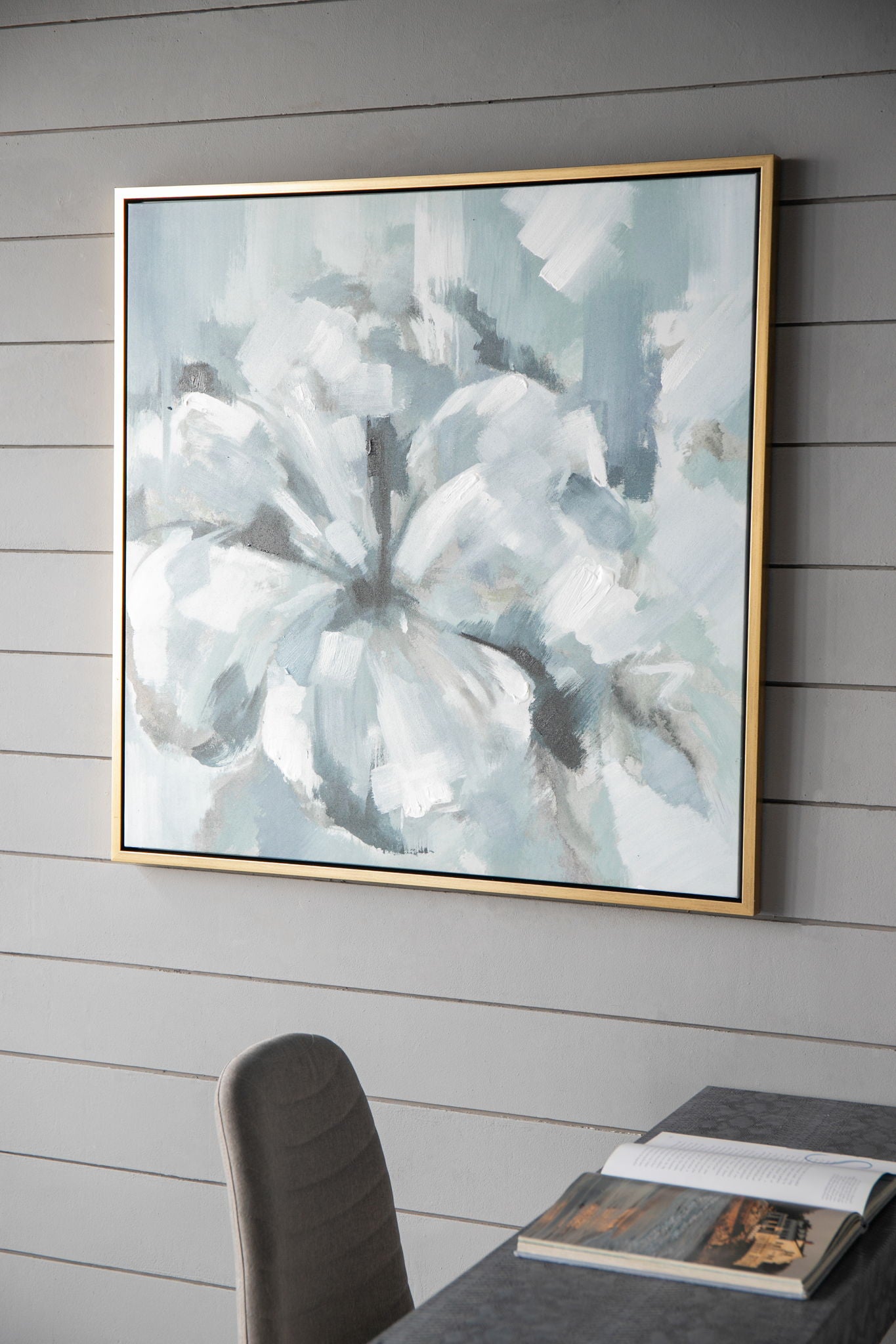 Large Modern Flower Oil Painting, SquareFrame Wall Art - Blue / Gray