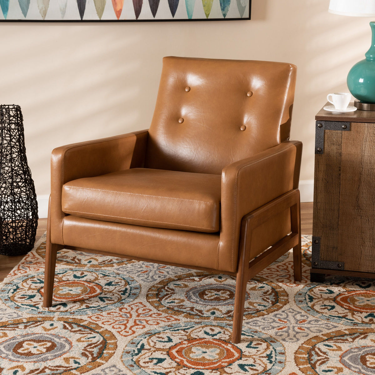 Perris Mid-Century Modern Tan Faux Leather Upholstered and Walnut Brown Finished Wood Lounge Chair