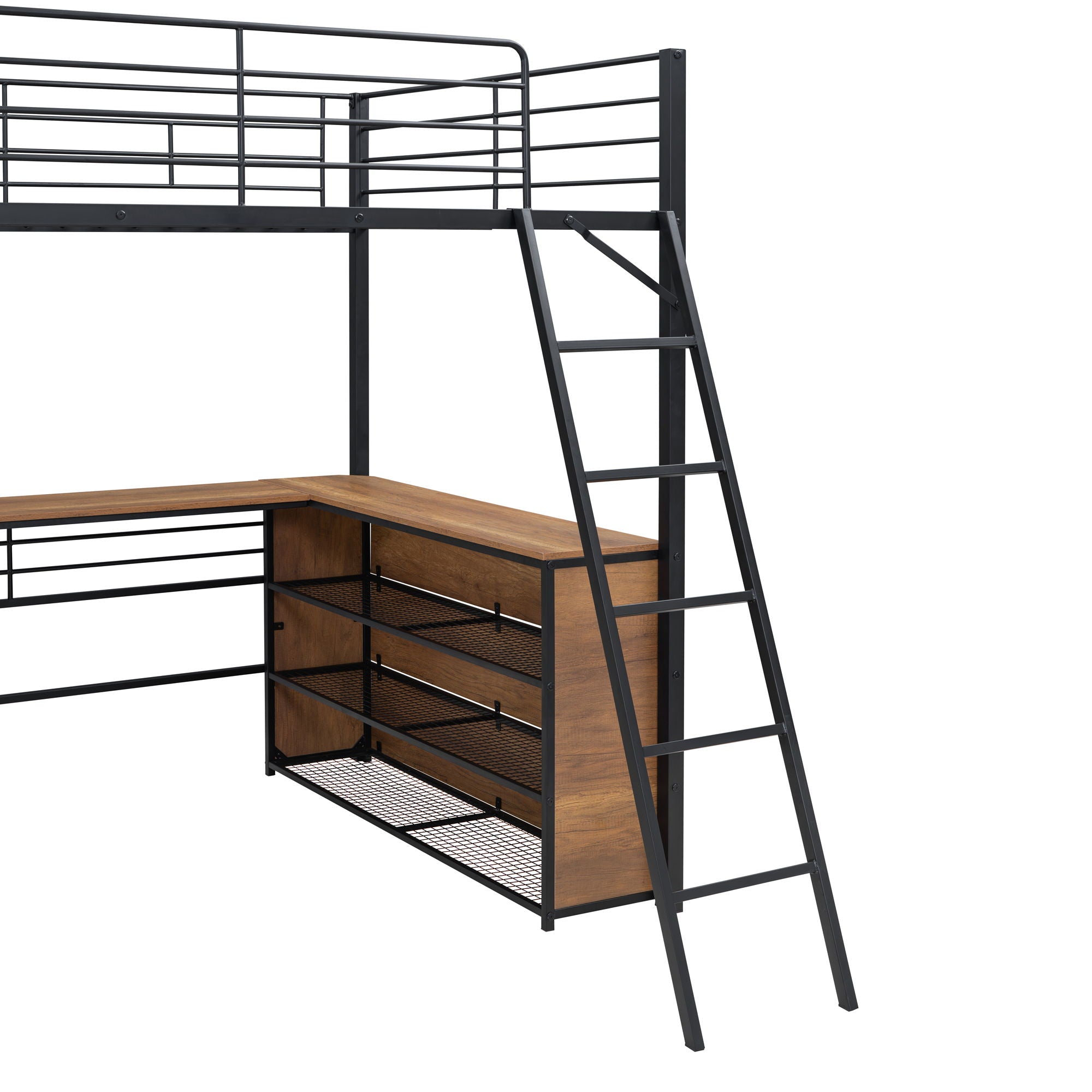 Loft Bed & 3 Layers Of Shelves And L-Shaped Desk