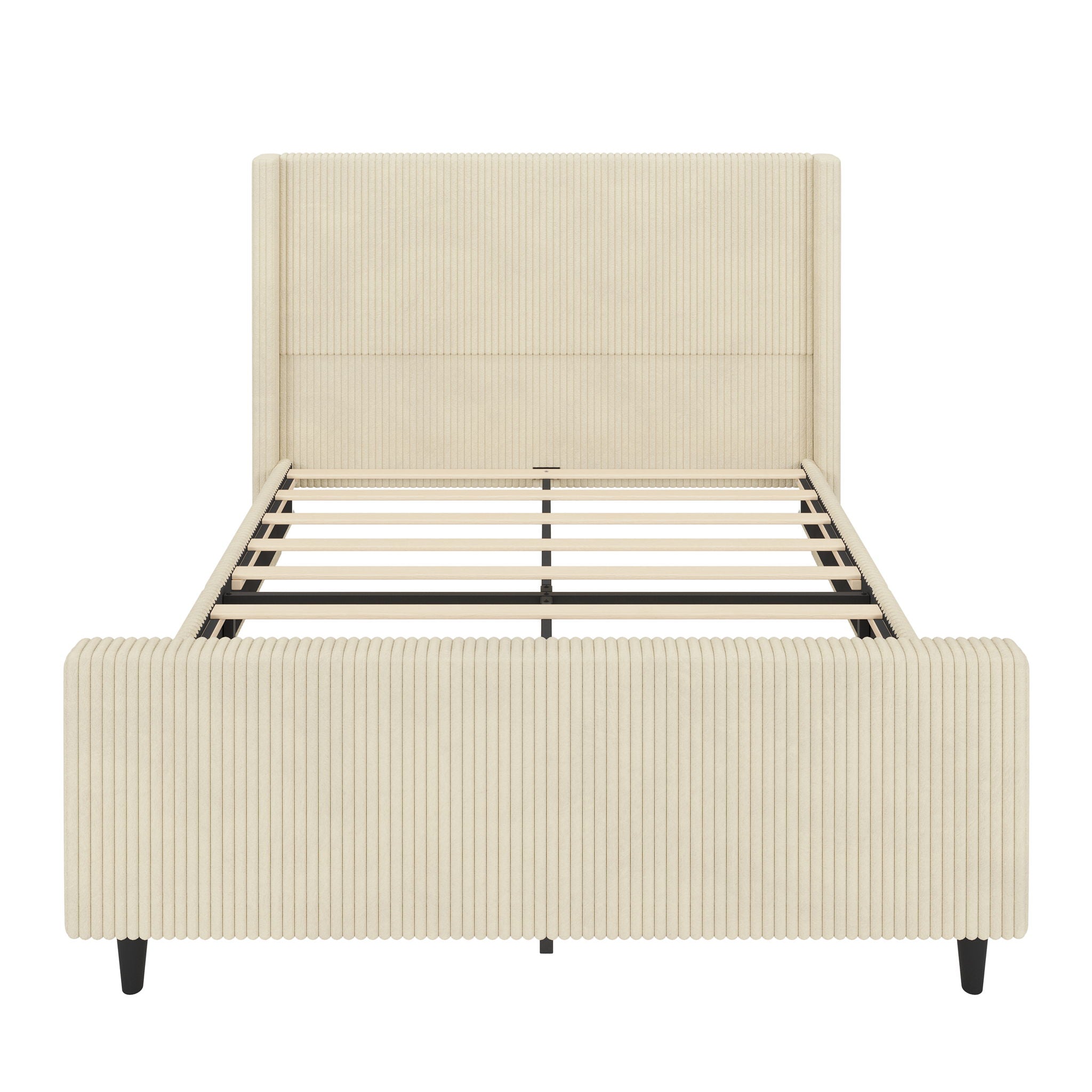 Corduroy Upholstered Bed Frame With Vertical Stripe Wingback And High Footboard