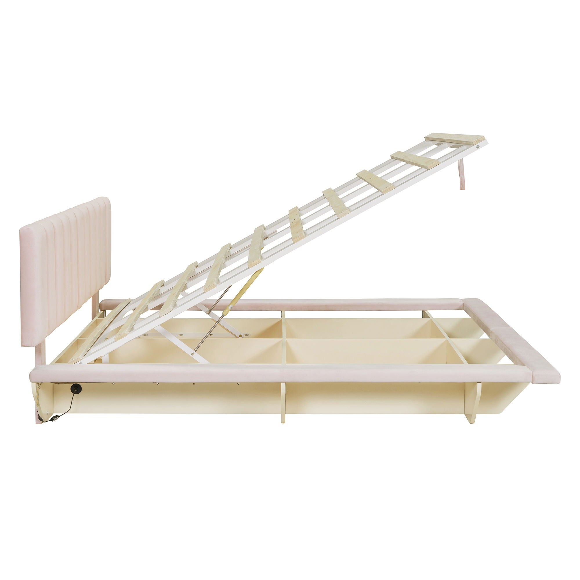 Upholstered Floating Hydrualic Platform Bed With LED Light And USB Port