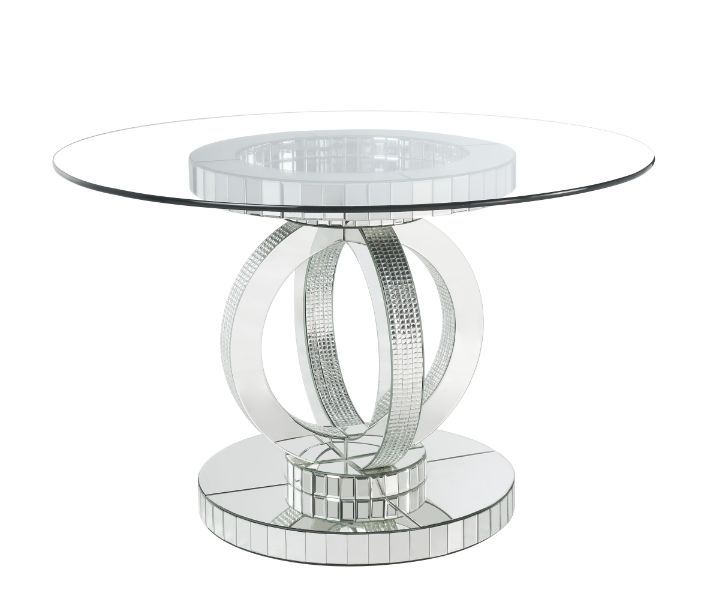 ACME Ornat - Dining Table - Clear Glass, Mirrored & Faux Diamonds - 30" | Meri Furniture